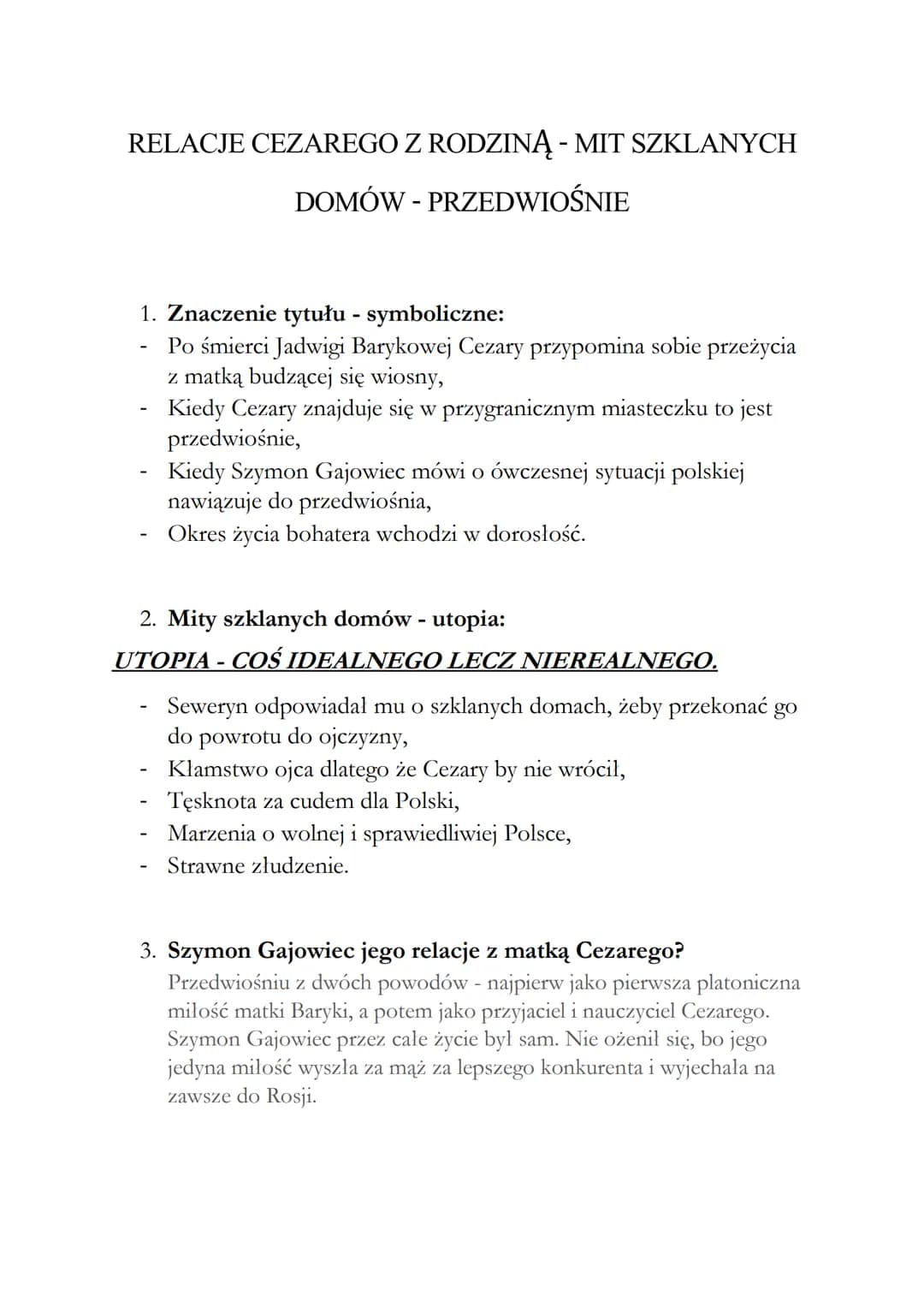 RELACJE CEZAREGO Z RODZINĄ - MIT SZKLANYCH
DOMÓW - PRZEDWIOŚNIE
1. Znaczenie tytułu - symboliczne:
Po śmierci Jadwigi Barykowej Cezary przyp