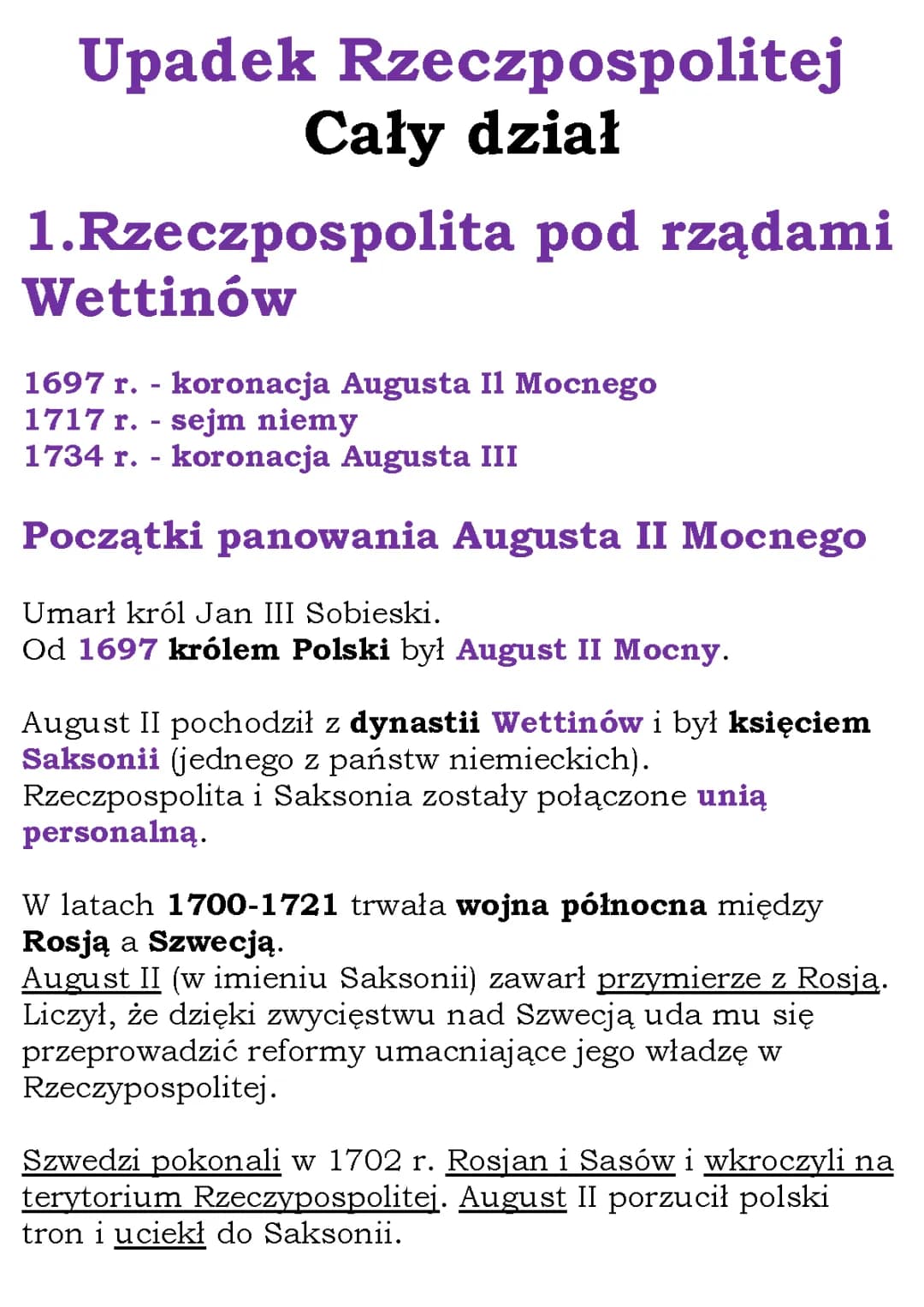 Rzeczpospolita pod rządami Wettinów: Czasy Saskie i Rozbiory Polski