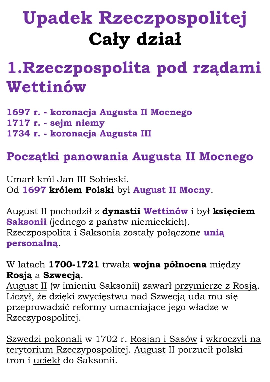 Upadek Rzeczpospolitej
Cały dział
1.Rzeczpospolita pod rządami
Wettinów
1697 r. - koronacja Augusta Il Mocnego
1717 r. - sejm niemy
1734 r. 