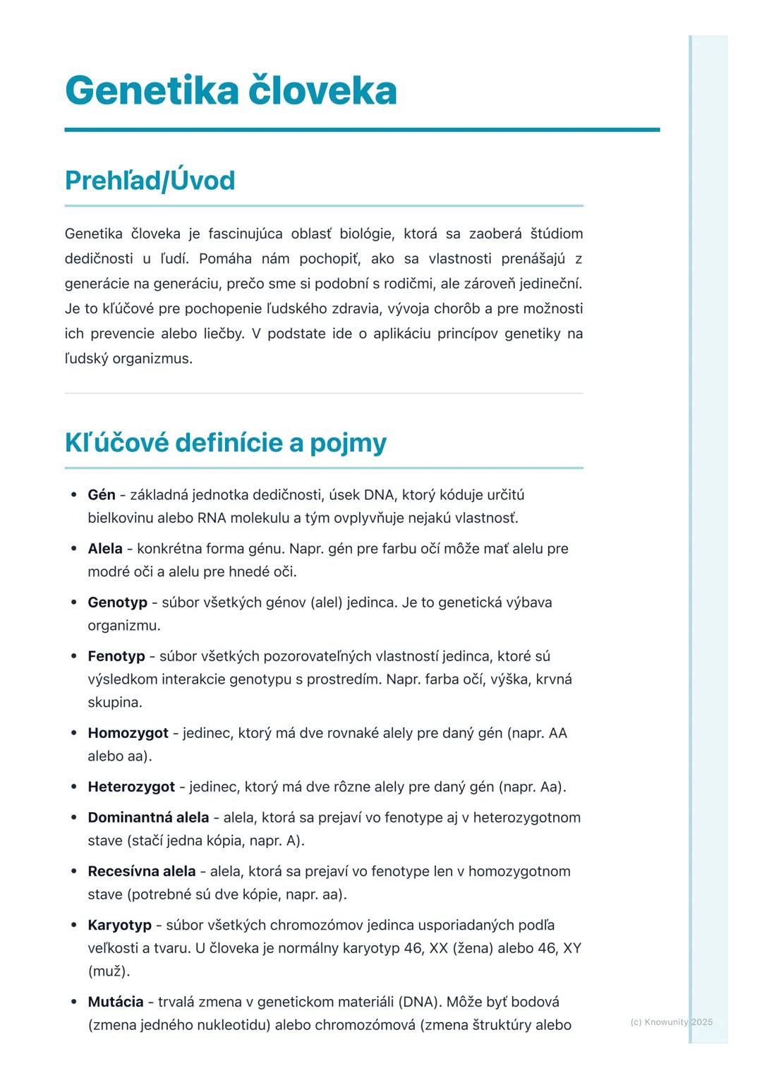 # Genetika človeka

Prehľad/Úvod

Genetika človeka je fascinujúca oblasť biológie, ktorá sa zaoberá štúdiom
dedičnosti u ľudí. Pomáha nám po