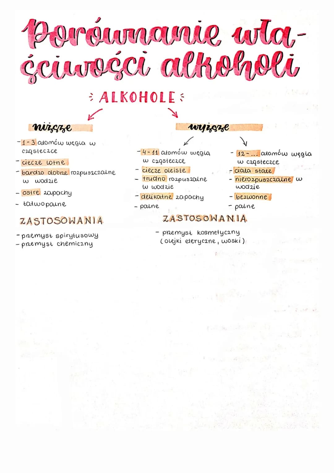Porównanie wła-
ściwości alkoholi
ALKOHOLE
✓
niższe
-1-3 atomów węgia w
cząsteczce
- ciecze lotne
- bardzo dobrze rozpuszczalne
W wodzie
- o