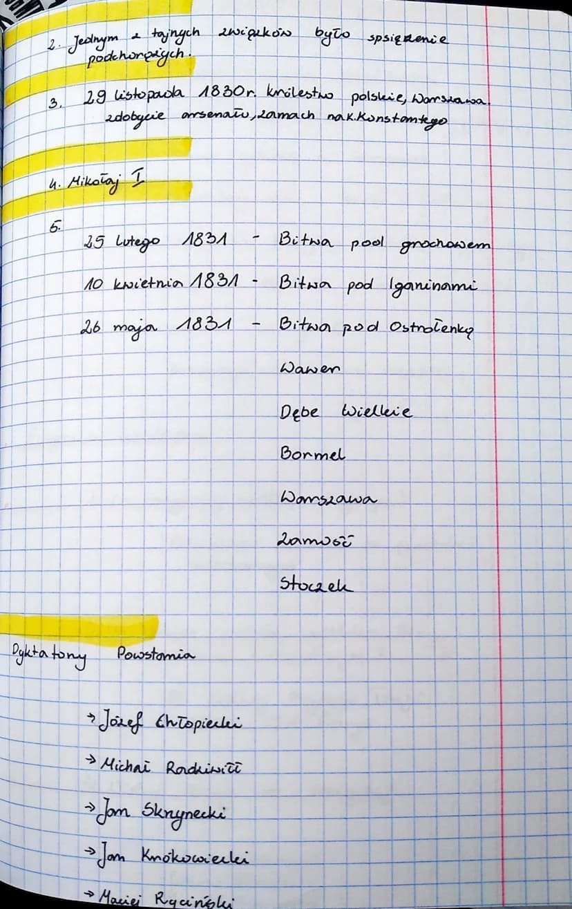 Temat: Postmie
listopadowe.
1830
1 Pryczgry
2. Jalie organisage je
worganizowało?
3. Data wybuchu i plan deiałania
4. Car
5. bitwy
1. Króles