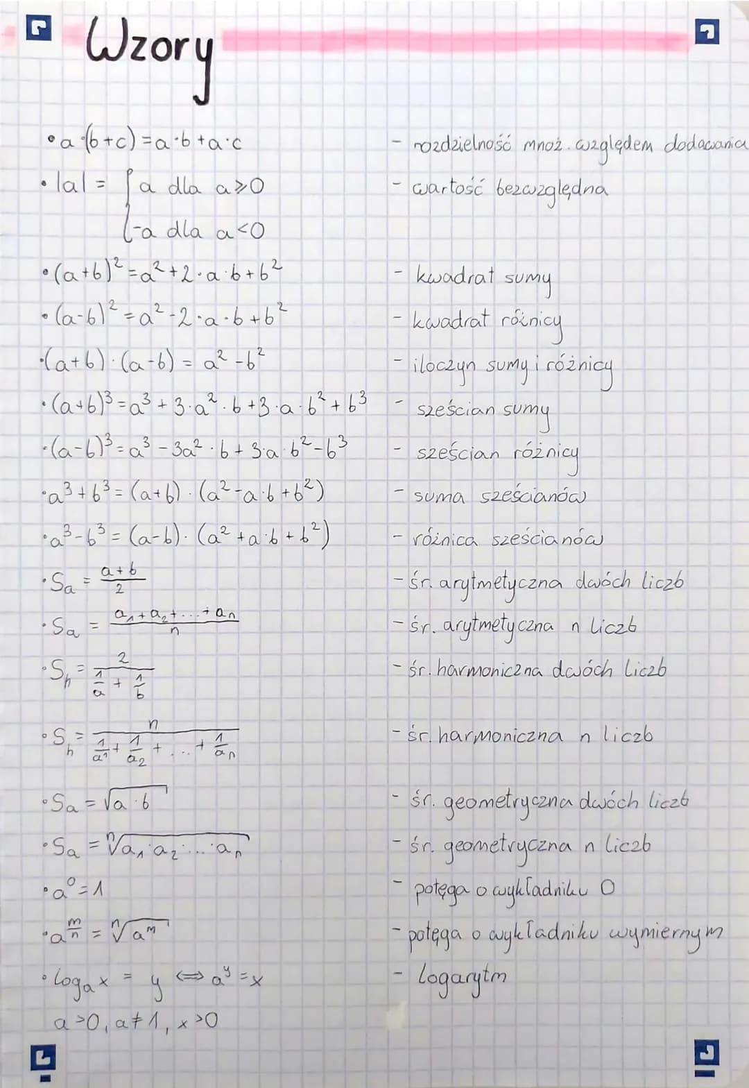 Wzory
• a (b + c)=a²b+a•c
·lal =
r
a dla a>0
dla a <0
• (a + b)² =a² +2·a·b +6²
• (a-61²=a²-2·a·b+b²
-a³ +6³ = (a + b) (a²-a6+6²)
• a³-6³ = 