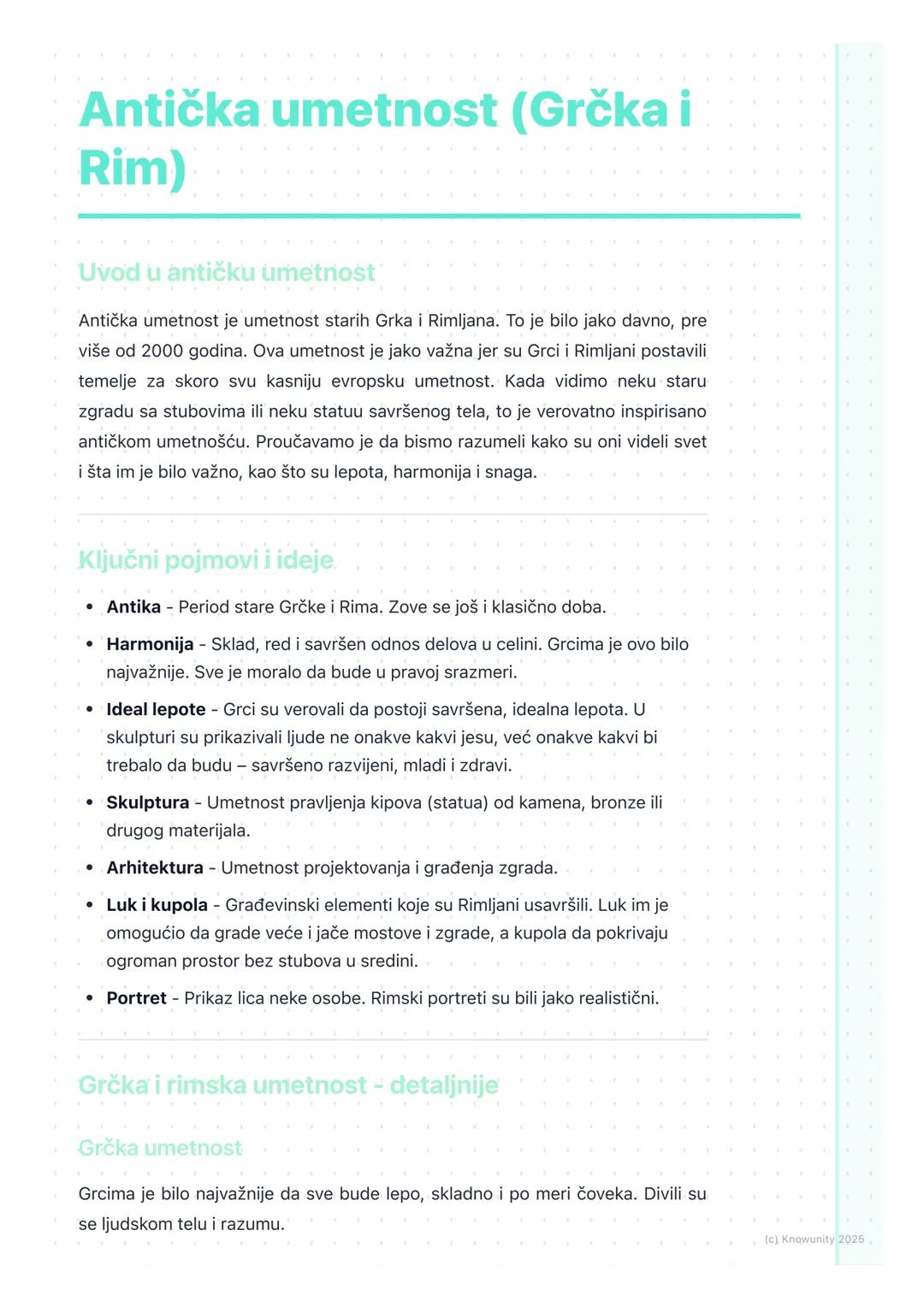 # Antička umetnost (Grčka i
Rim)

## Uvod u antičku umetnost

Antička umetnost je umetnost starih Grka i Rimljana. To je bilo jako davno, pr