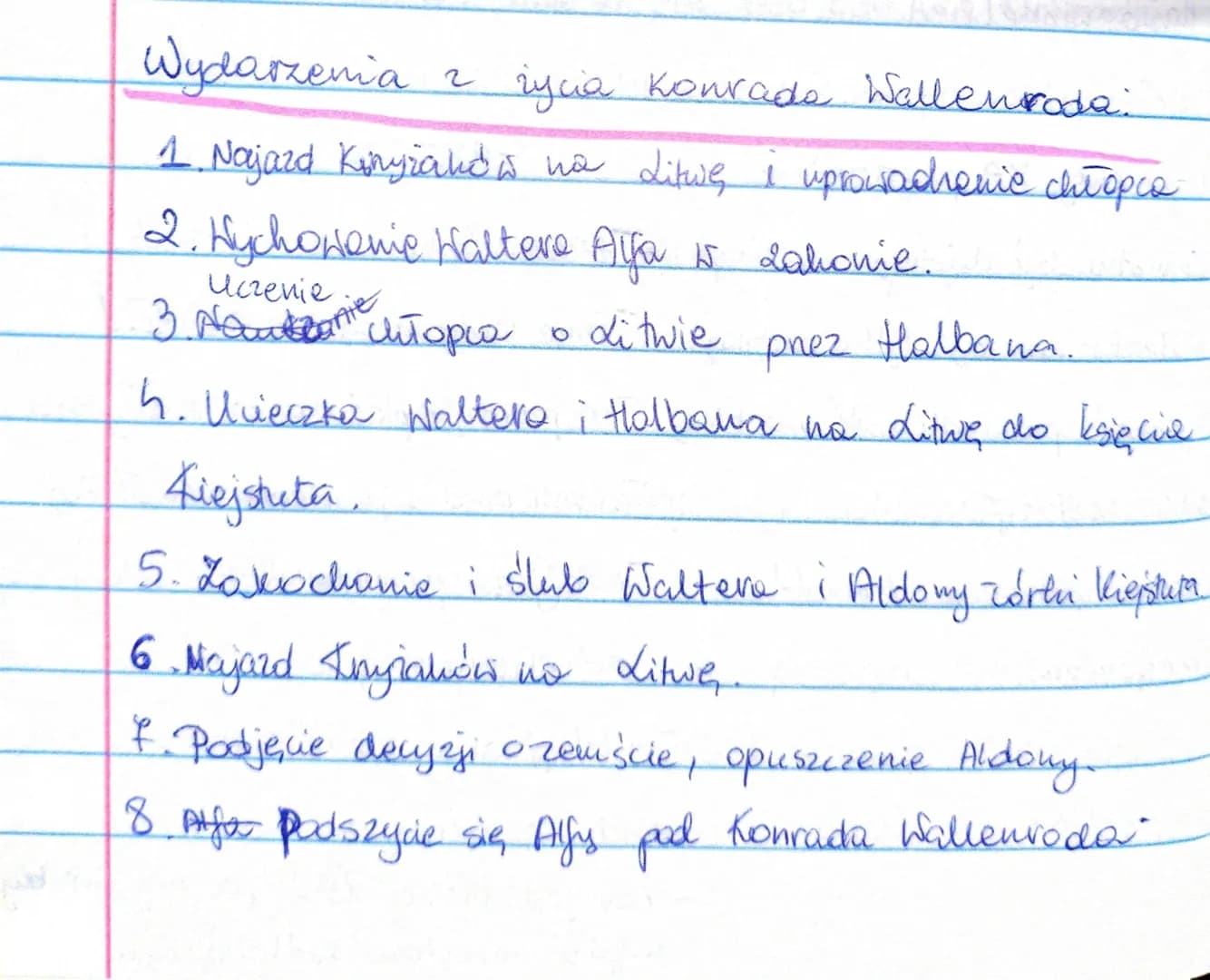Wydarzenia
2 życia Konrado Wallenroda:
1 Najazd Kinyzaków na Litwe i uprowadronic chłopce
2. Wychowanie Waltere Alfa is Lalionie.
Uczenie
3 