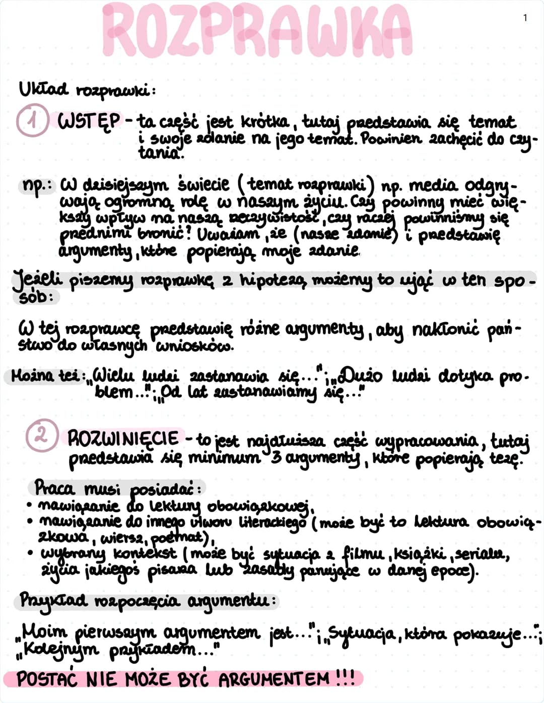 ROZPRAWKA
Układ rozprawki:
1
WSTĘP-ta część jest krótka, tutaj predstawia się temat
swoje zolanie na jego temat. Powinien zachęcić do czy-
t