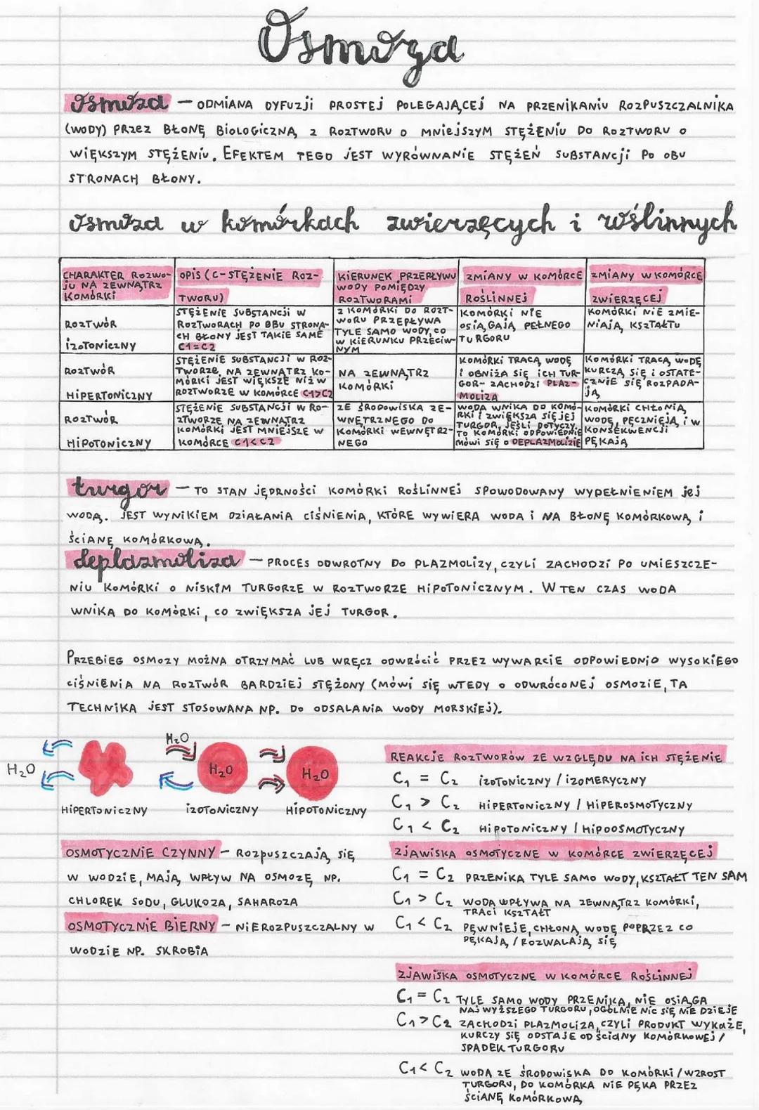 H₂0
Osmoza
osmind-ODMIANA OYFUZJI PROSTEJ POLEGAJĄCEJ NA PRZENIKANIU ROZPUSZCZALNIKA
(WODY) PRzez BŁONE BIOLOGICZNA, 2 ROZTWORU O MniejszyM 