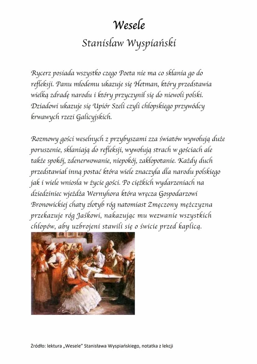 ol
Wesele
Stanisław Wyspiański
Akcja dramatu rozgrywa się w nocy z 20 na 21 listopada 1900 r. W
Bronowickim dworze Włodzimierza Tetmajera. L