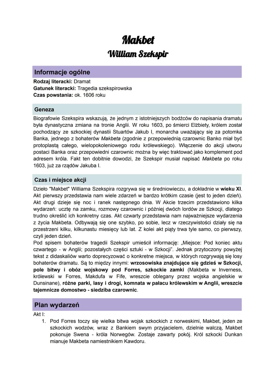 Makbet
William Szekspir
Informacje ogólne
Rodzaj literacki: Dramat
Gatunek literacki: Tragedia szekspirowska
Czas powstania: ok. 1606 roku
G