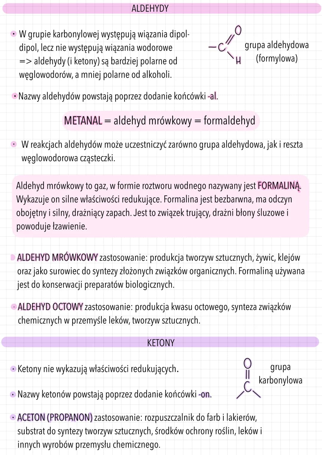 • W grupie karbonylowej występują wiązania dipol-
dipol, lecz nie występują wiązania wodorowe
=> aldehydy (i ketony) są bardziej polarne od
