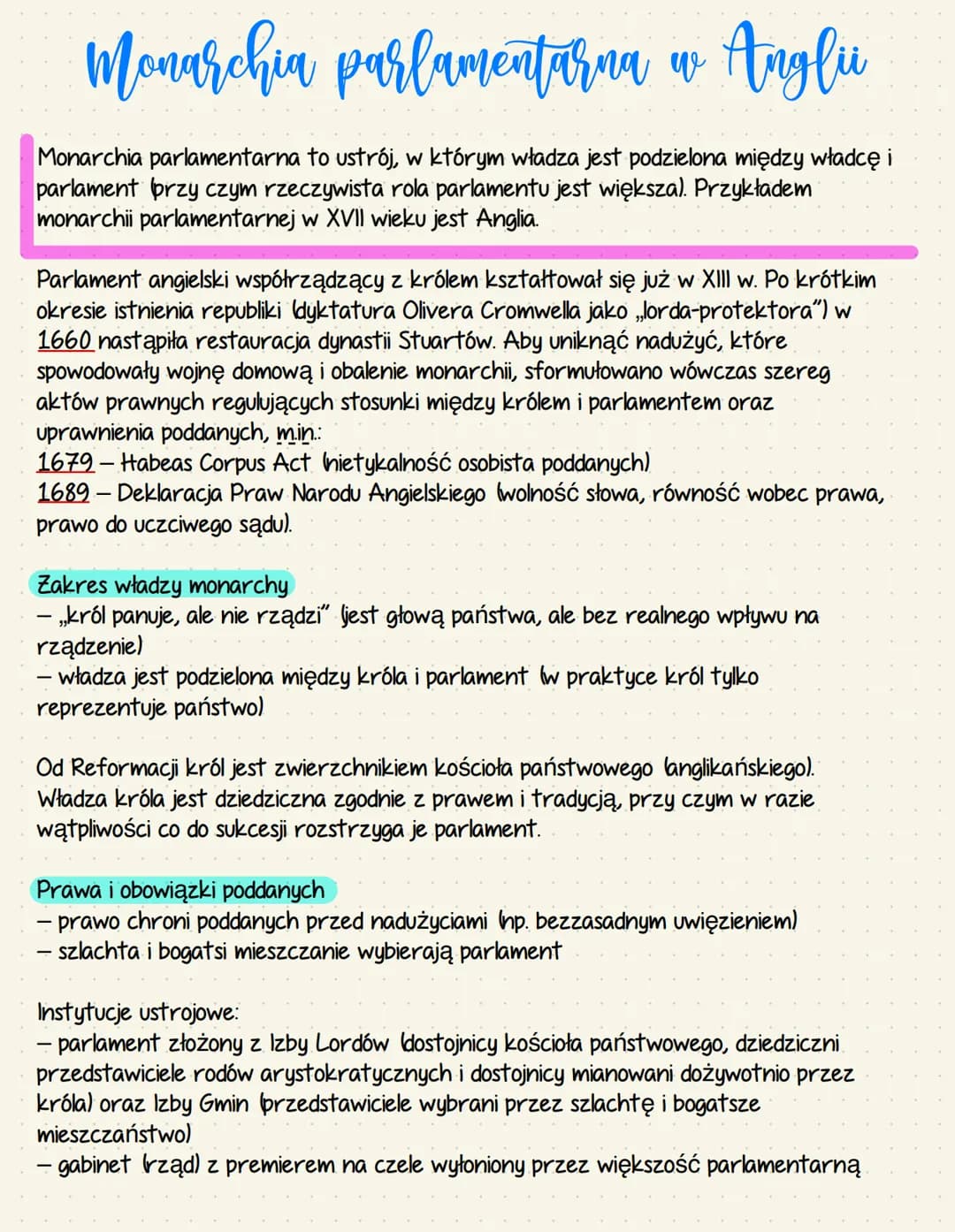 Monarchia parlamentarna w Anglii
Monarchia parlamentarna to ustrój, w którym władza jest podzielona między władcę i
parlament przy czym rzec