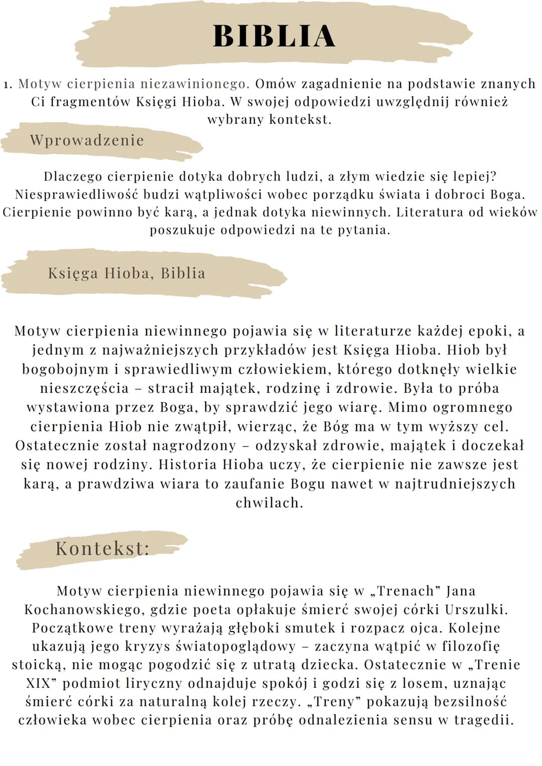 --- OCR Start ---
BIBLIA
1. Motyw cierpienia niezawinionego. Omów zagadnienie na podstawie znanych
Ci fragmentów Księgi Hioba. W swojej odpo