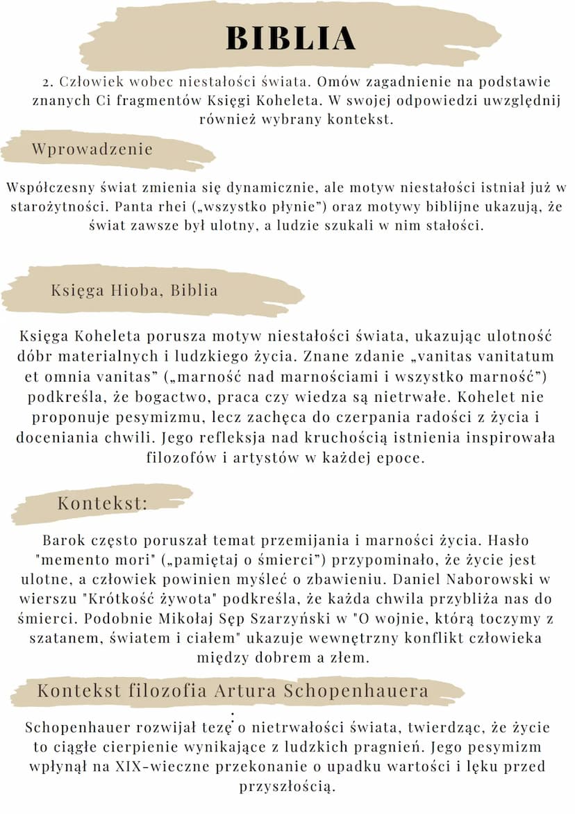 --- OCR Start ---
BIBLIA
1. Motyw cierpienia niezawinionego. Omów zagadnienie na podstawie znanych
Ci fragmentów Księgi Hioba. W swojej odpo