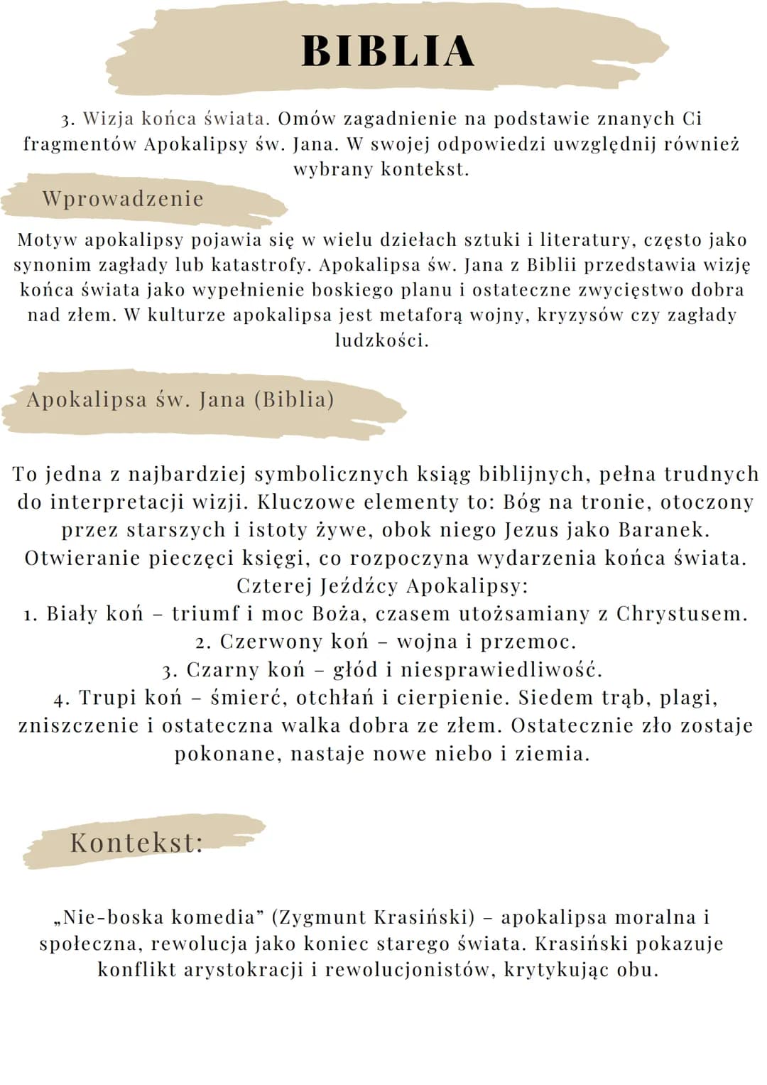 --- OCR Start ---
BIBLIA
1. Motyw cierpienia niezawinionego. Omów zagadnienie na podstawie znanych
Ci fragmentów Księgi Hioba. W swojej odpo