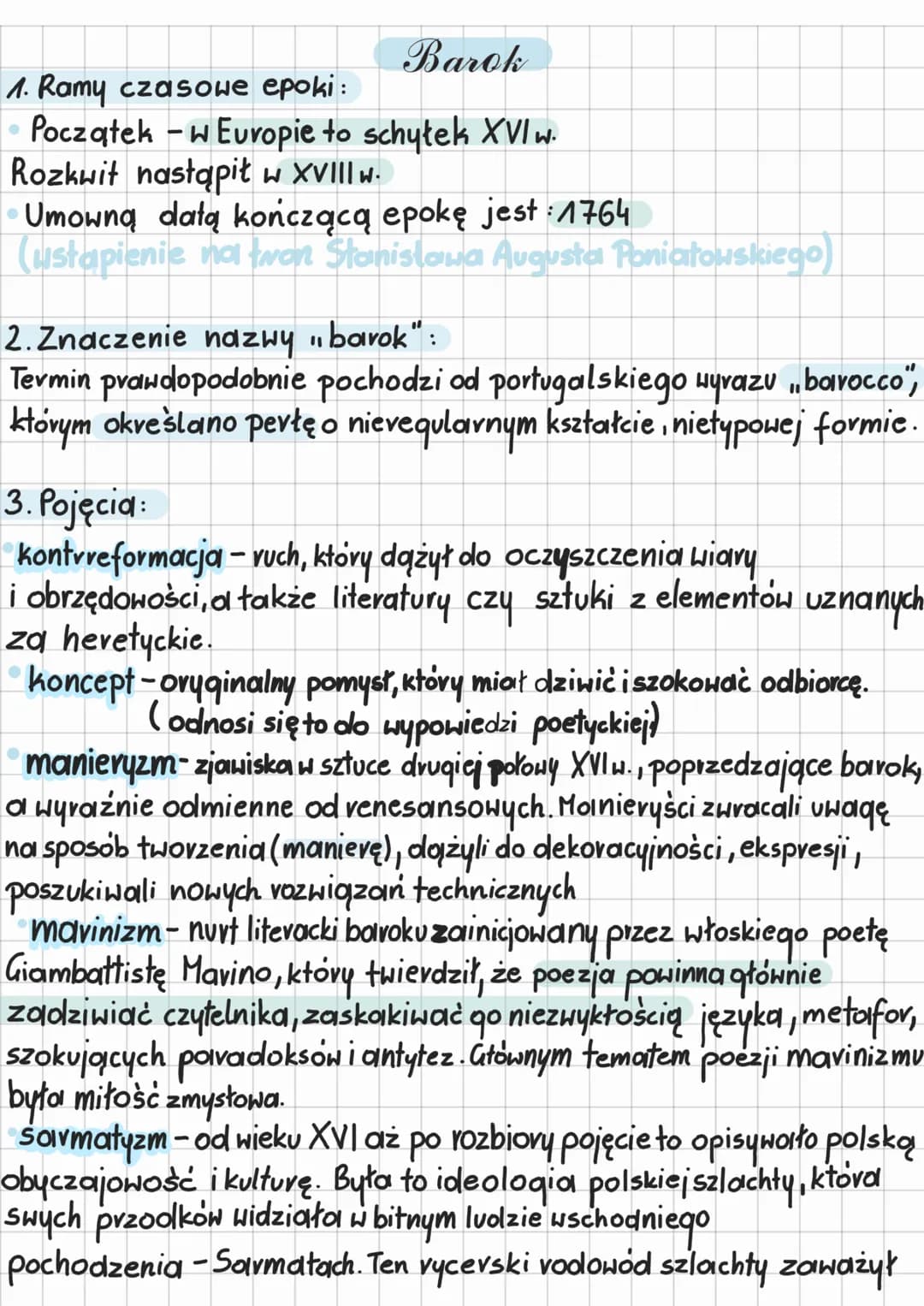Barok
1. Ramy czasowe epoki:
-
Początek w Europie to schytek XVI w.
Rozkwit nastąpił w XVIII w.
Umowną datą kończącą epokę jest : 1764
(usta