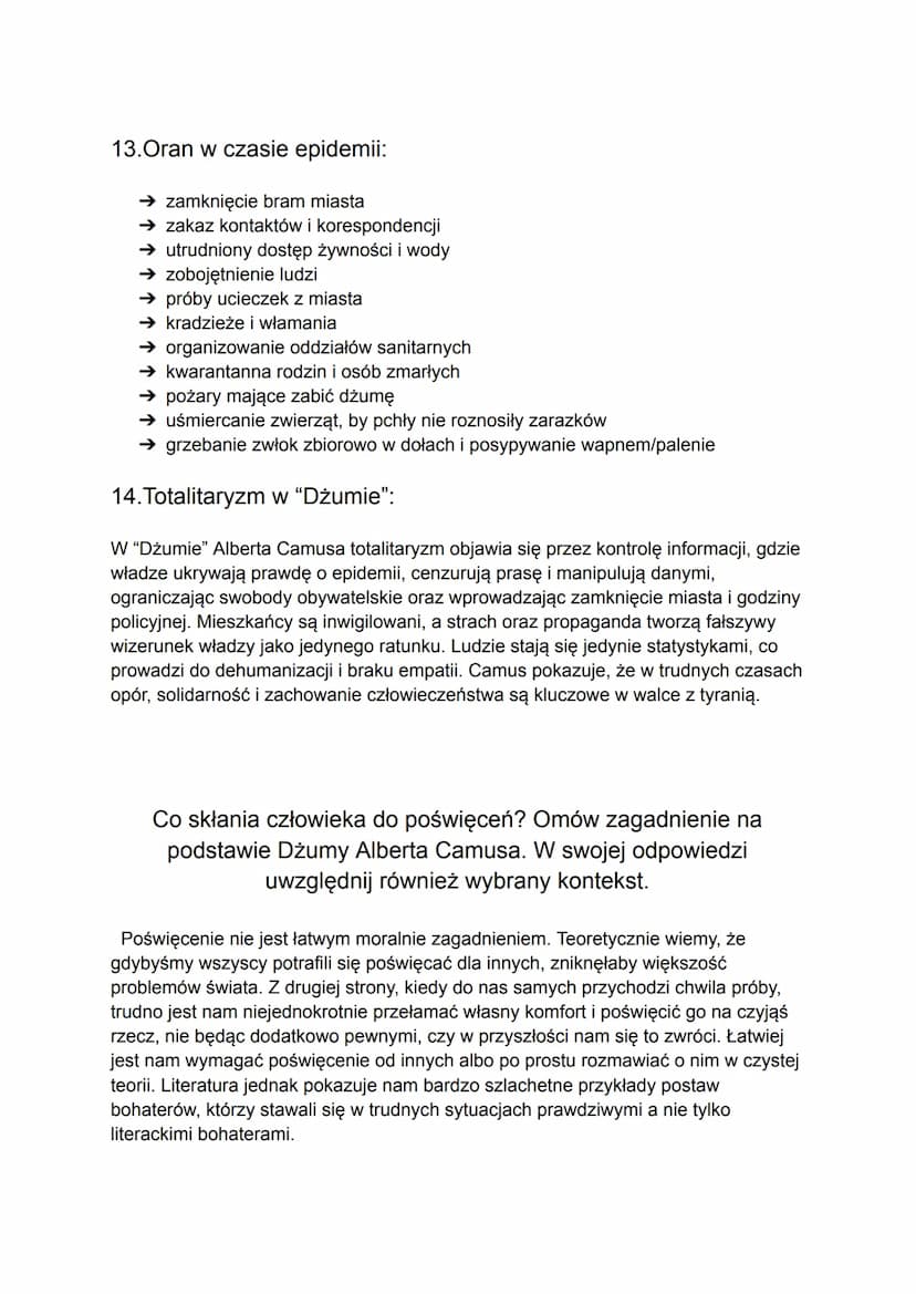 1.Geneza "Dżumy":
Utwór Camusa ukazał się wkrótce po II wojnie światowej, w 1947 r. Autor
nawiązywał w nim do niedawnych wydarzeń historyczn