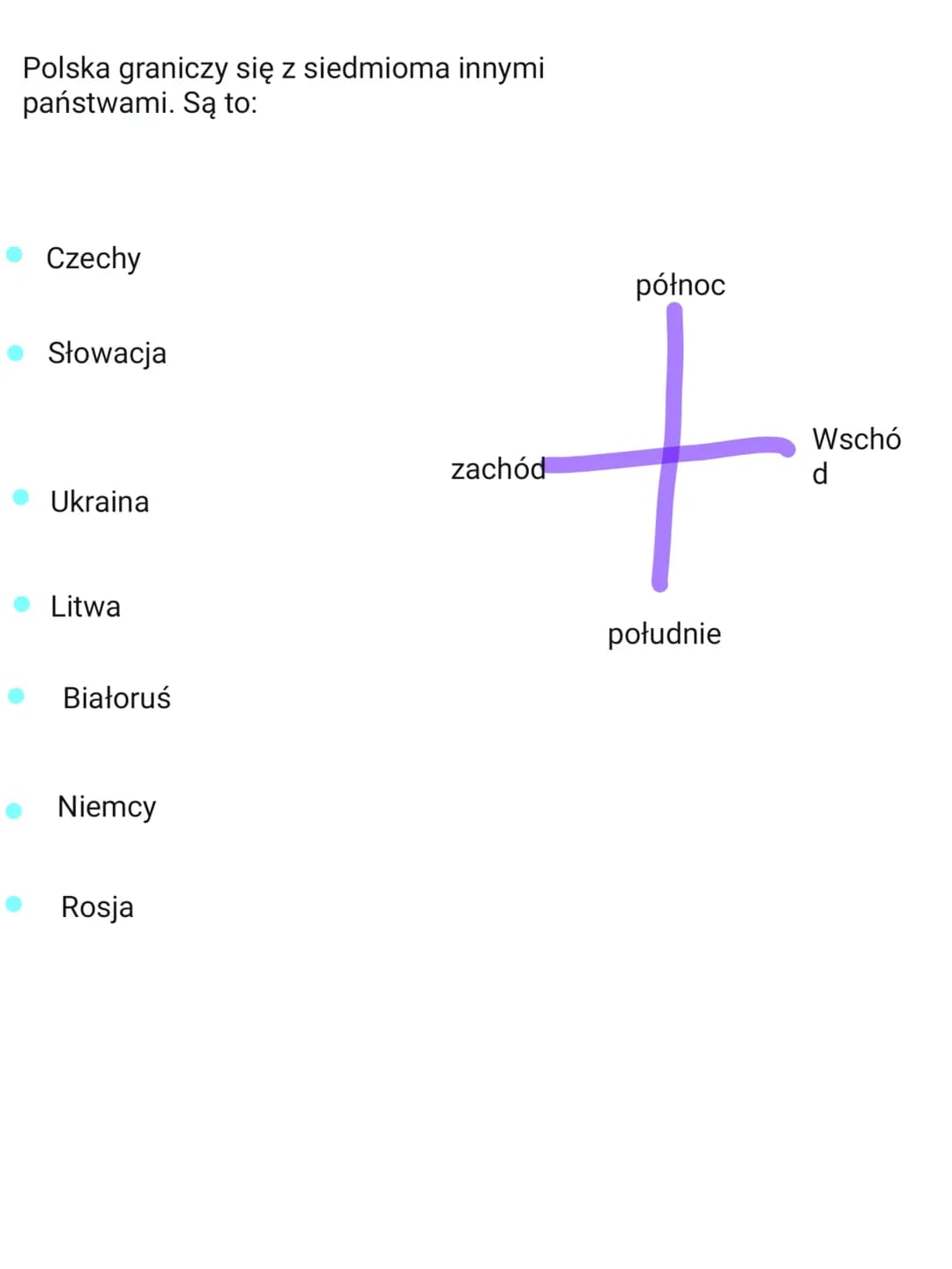 Polska graniczy się z siedmioma innymi
państwami. Są to:
Czechy
Słowacja
Ukraina
Litwa
Białoruś
Niemcy
Rosja
północ
+
zachód
d
południe
Wsch