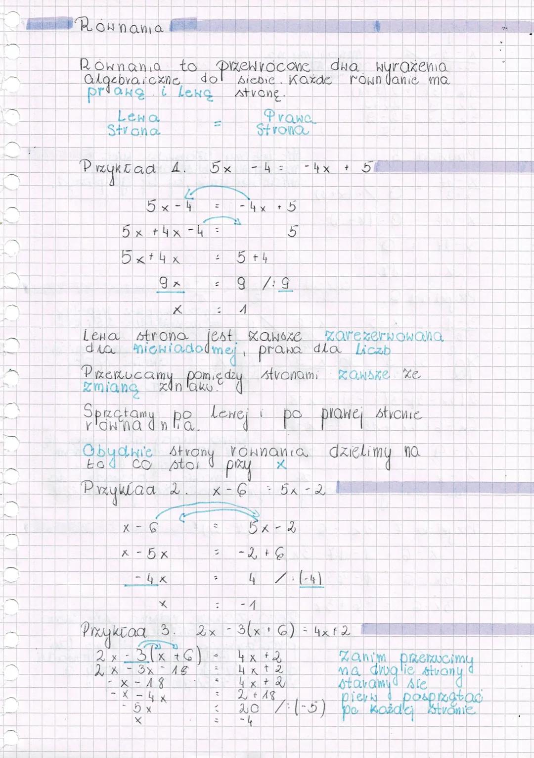 Rownania
Równania to przewrócone dwa wyrażenia
algebraiczne
do siebie. Każde
priang i lewą stronę.
Lena
rown Janie ma
Prawa
Strona
Strona
Pr