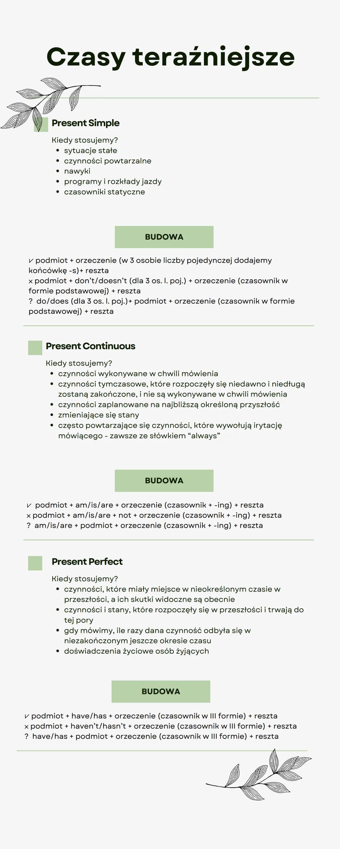 Czasy teraźniejsze
Present Simple
Kiedy stosujemy?
● sytuacje stałe
czynności powtarzalne
nawyki
• programy i rozkłady jazdy
• czasowniki st