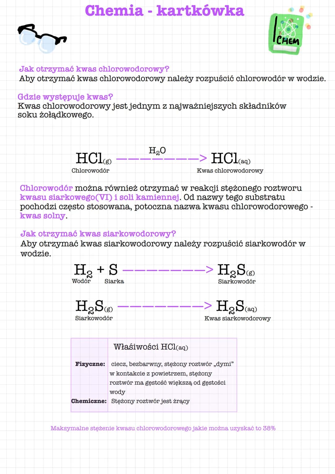 Chemia - kartkówka
Jak otrzymać kwas chlorowodorowy?
Aby otrzymać kwas chlorowodorowy należy rozpuścić chlorowodór w wodzie.
Gdzie występuje