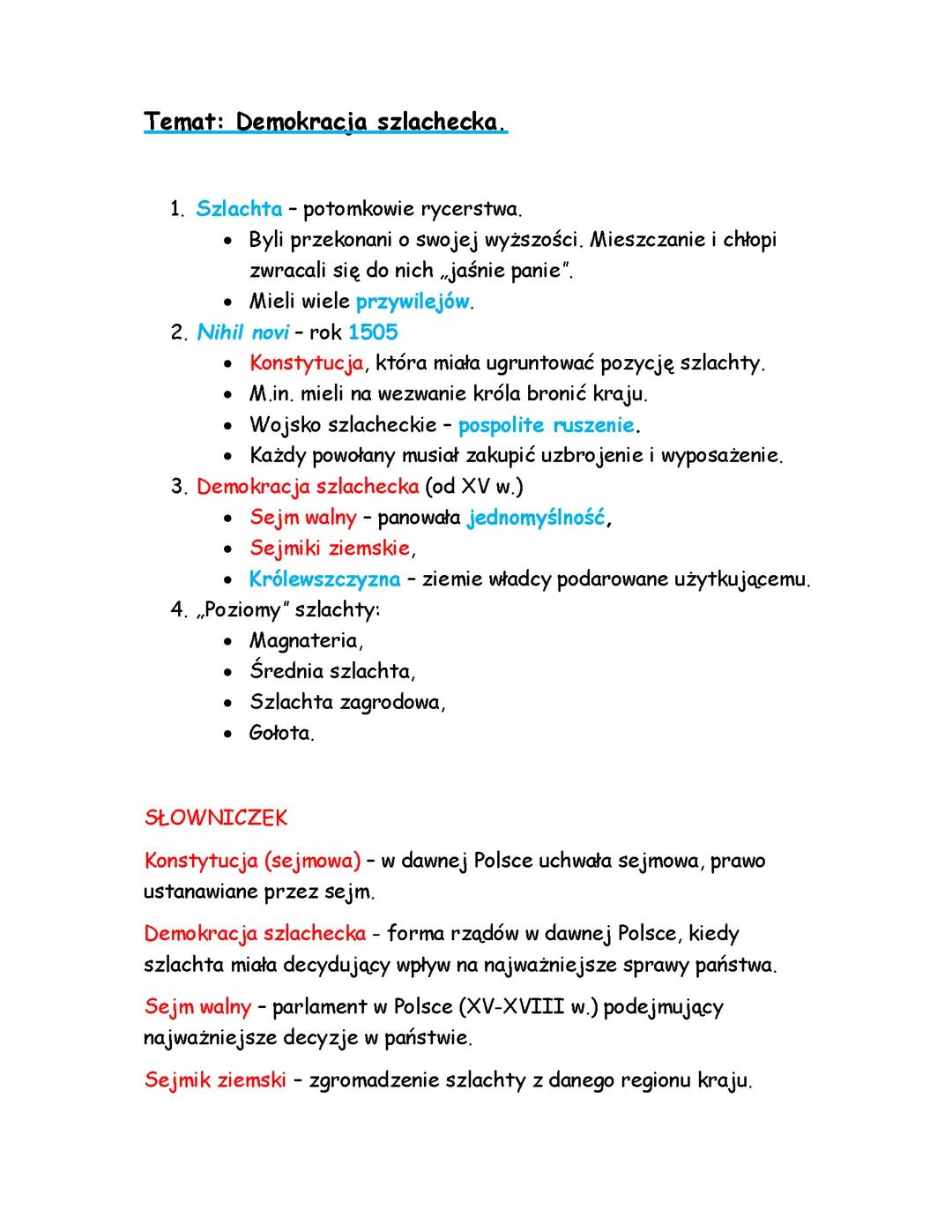 Demokracja szlachecka - Notatka z historii dla klasy 6