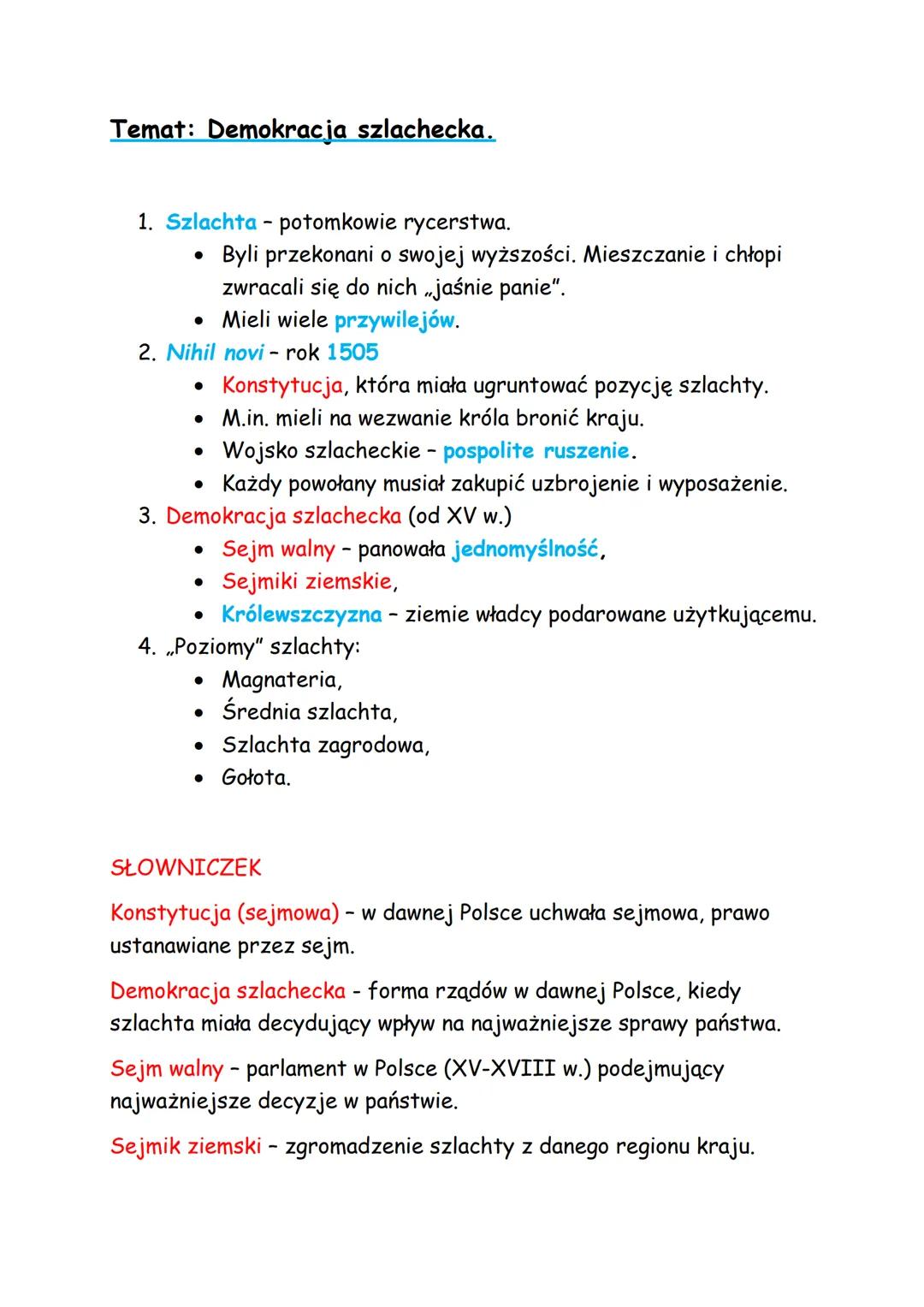 Temat: Demokracja szlachecka.
1. Szlachta - potomkowie rycerstwa.
Byli przekonani o swojej wyższości. Mieszczanie i chłopi
zwracali się do n