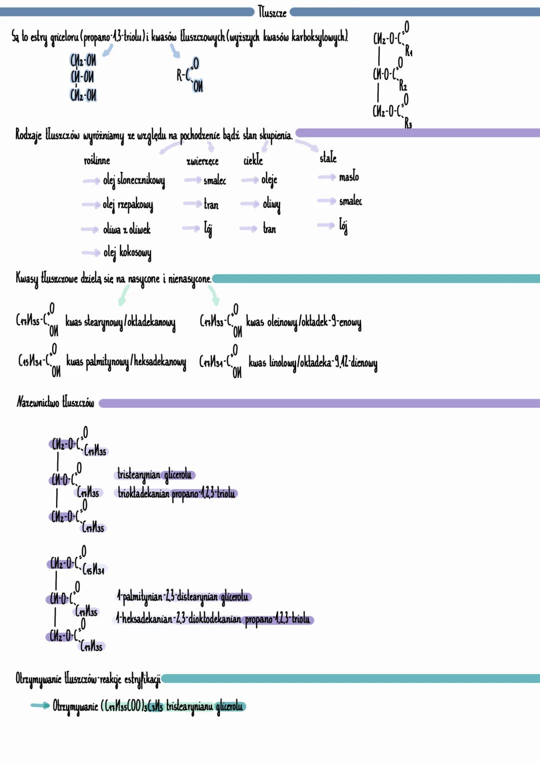 Tłuszcze
Są to estry griceloru (propano-1,3-triolu) i kwasów tłuszczowych (wyższych kwasów karboksylowych).
CH₂-OH
CM-On
CM₂-ON
Rodzaje tlus