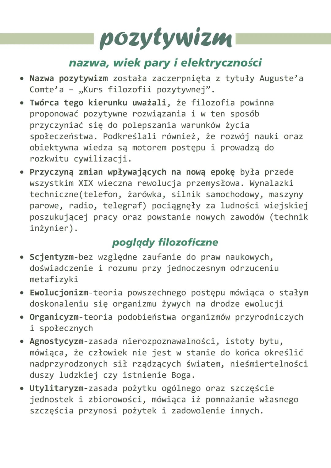 pozytywizm
nazwa, wiek pary i elektryczności
• Nazwa pozytywizm została zaczerpnięta z tytuły Auguste'a
Comte'a ,,Kurs filozofii pozytywnej"