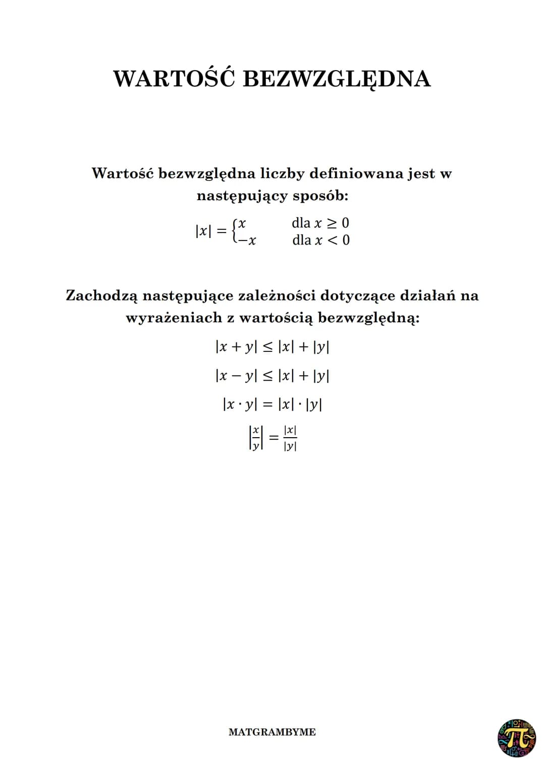 WARTOŚĆ BEZWZGLĘDNA
Wartość bezwzględna liczby definiowana jest w
następujący sposób:
|x| = {xx
dla x ≥ 0
dla x < 0
Zachodzą następujące zal