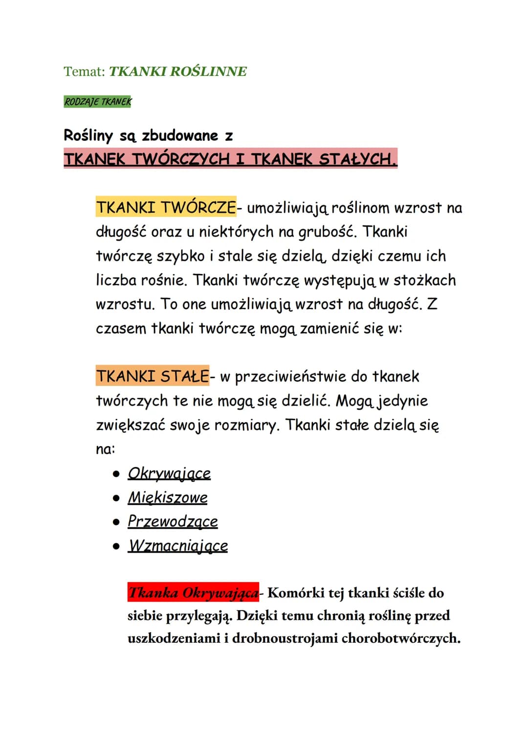 Temat: TKANKI ROŚLINNE
RODZAJE TKANEK
Rośliny są zbudowane z
TKANEK TWÓRCZYCH I TKANEK STAŁYCH.
TKANKI TWÓRCZE- umożliwiają roślinom wzrost 