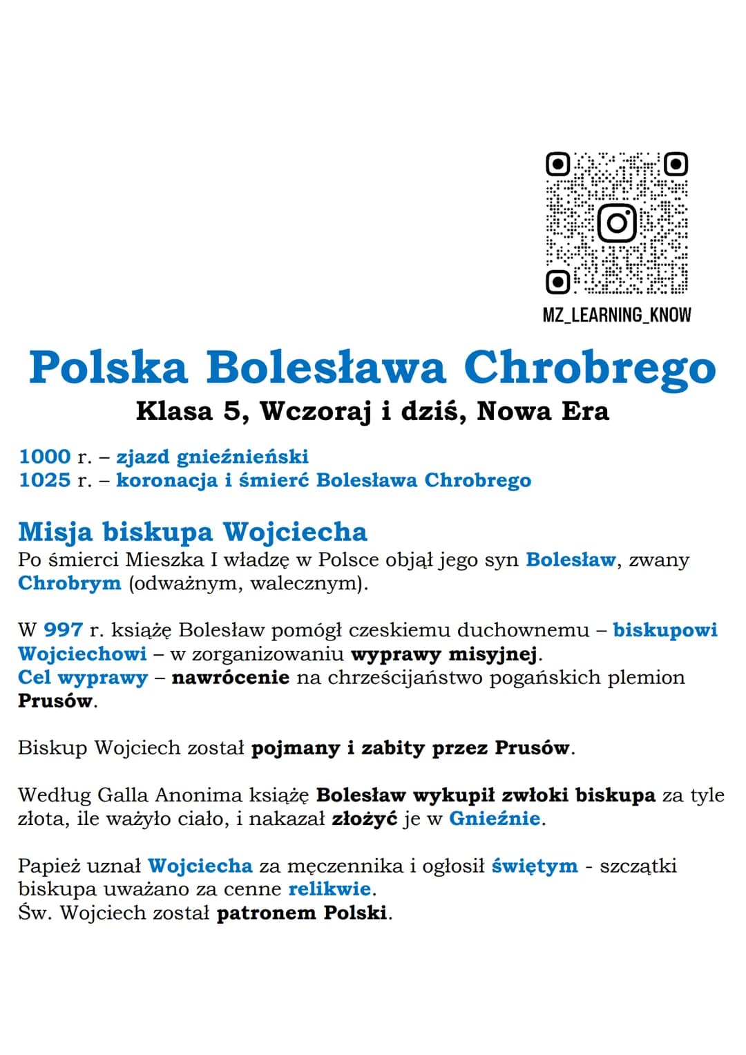 --- OCR Start ---
MZ_LEARNING_KNOW
Polska Bolesława Chrobrego
1000 r.
Klasa 5, Wczoraj i dziś, Nowa Era
zjazd gnieźnieński
1025 r. koronacja