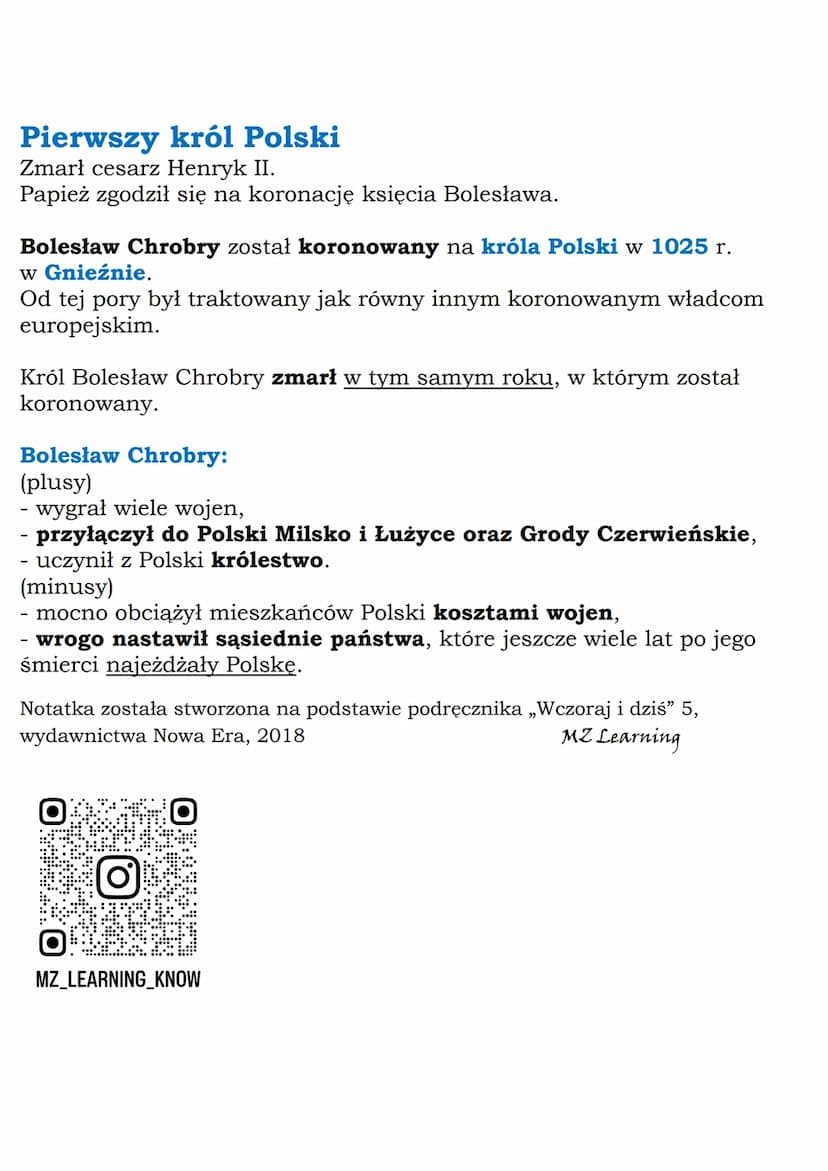 --- OCR Start ---
MZ_LEARNING_KNOW
Polska Bolesława Chrobrego
1000 r.
Klasa 5, Wczoraj i dziś, Nowa Era
zjazd gnieźnieński
1025 r. koronacja