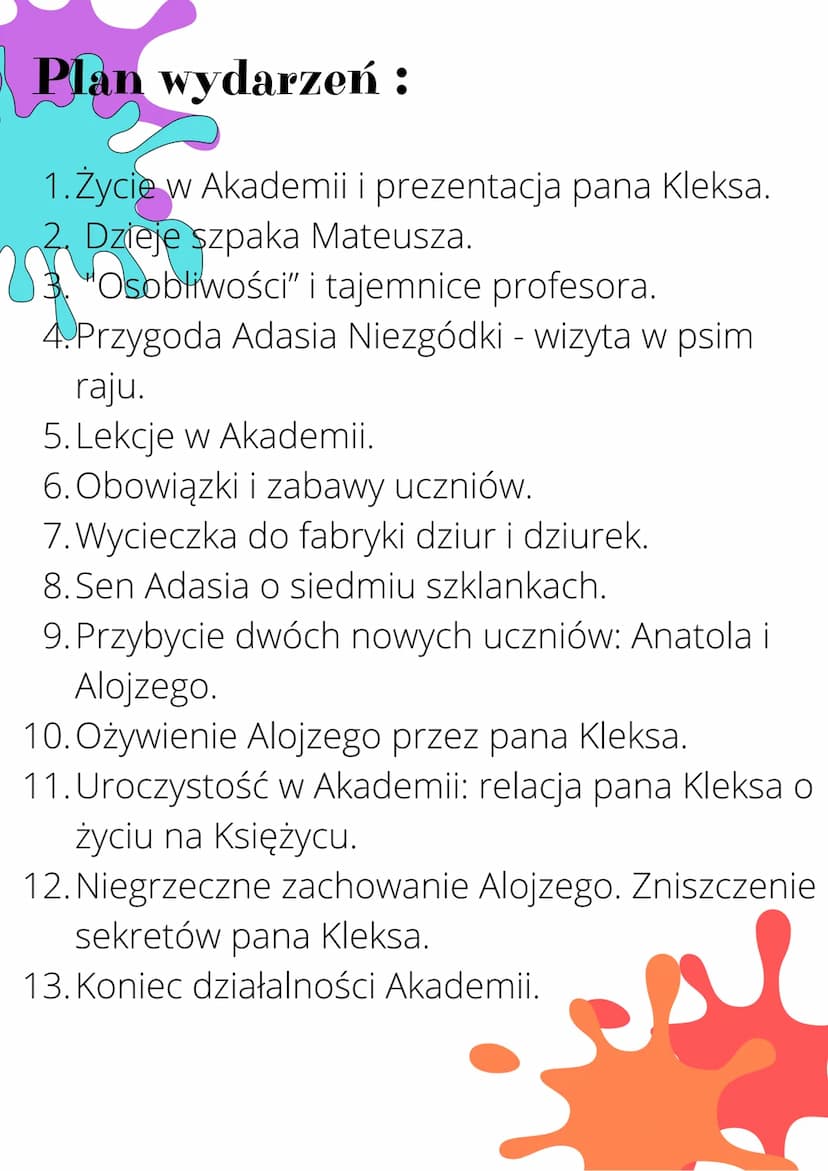 Akademia Pana Kleksa
Streszczenie krótkie :
Do niezwykłej szkoły - Akademii pana Kleksa - mieszczącej się
przy ulicy Czekoladowej, trafia Ad