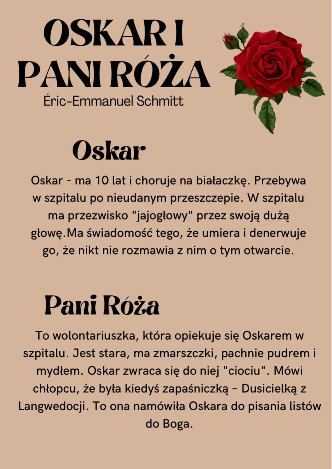 OSKARI
PANI RÓŻA
Eric-Emmanuel Schmitt
Oskar
Oskar - ma 10 lat i choruje na białaczkę. Przebywa
w szpitalu po nieudanym przeszczepie. W szpi