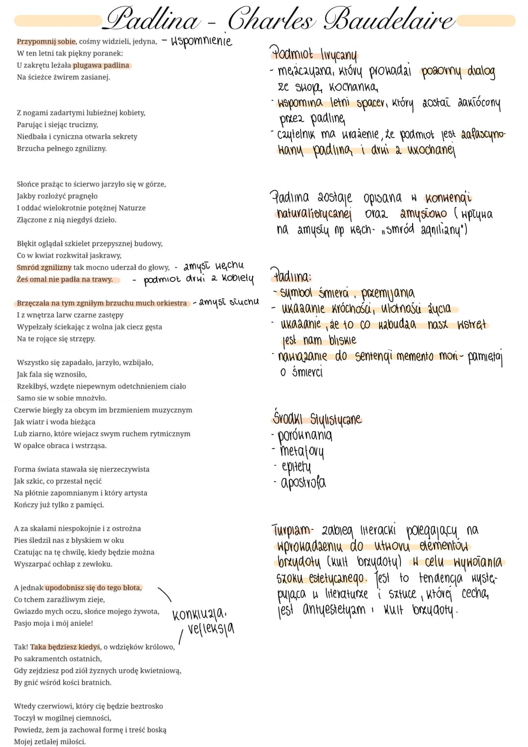 Padlina-Charles Baudelaire
Przypomnij sobie, cośmy widzieli, jedyna, - Wspomnienie
W ten letni tak piękny poranek:
U zakrętu leżała plugawa 
