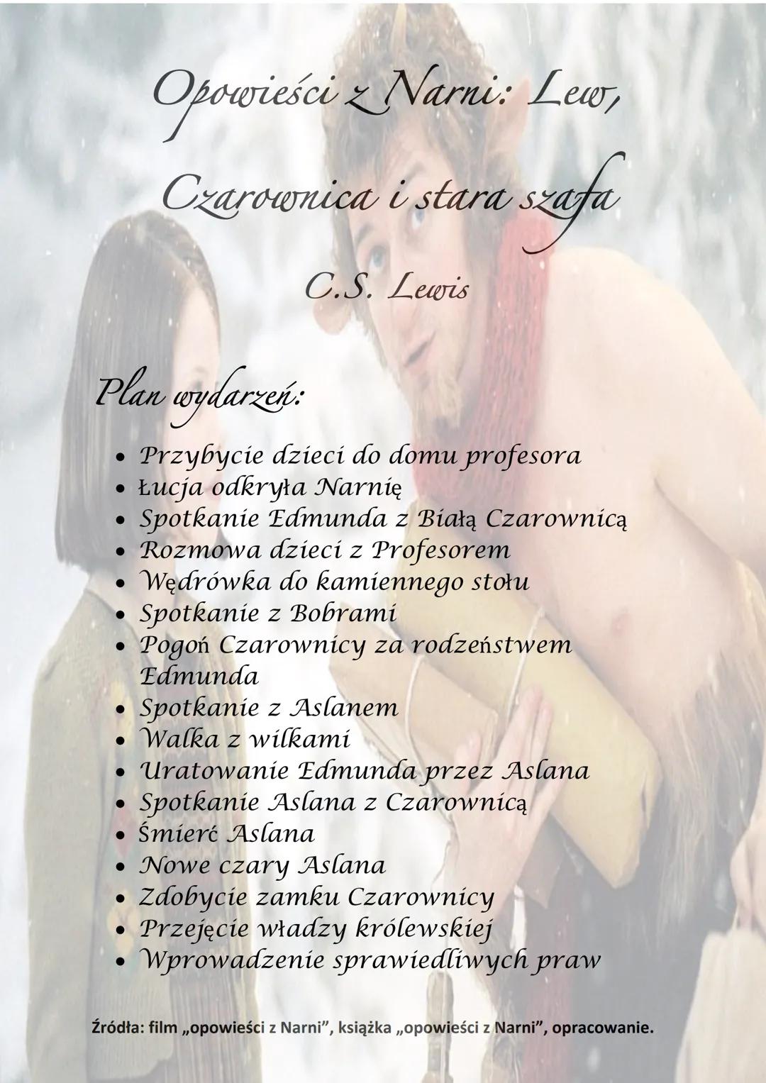 Opowieści z Narni: Lew,
Czarownica i stara
szafa
Bohaterowie:
●
• Tumnus
Jadis
Asalan
• Edmund Pevensie
●
C.S. Lewis
Łucja Pevensie
Piotr Pe