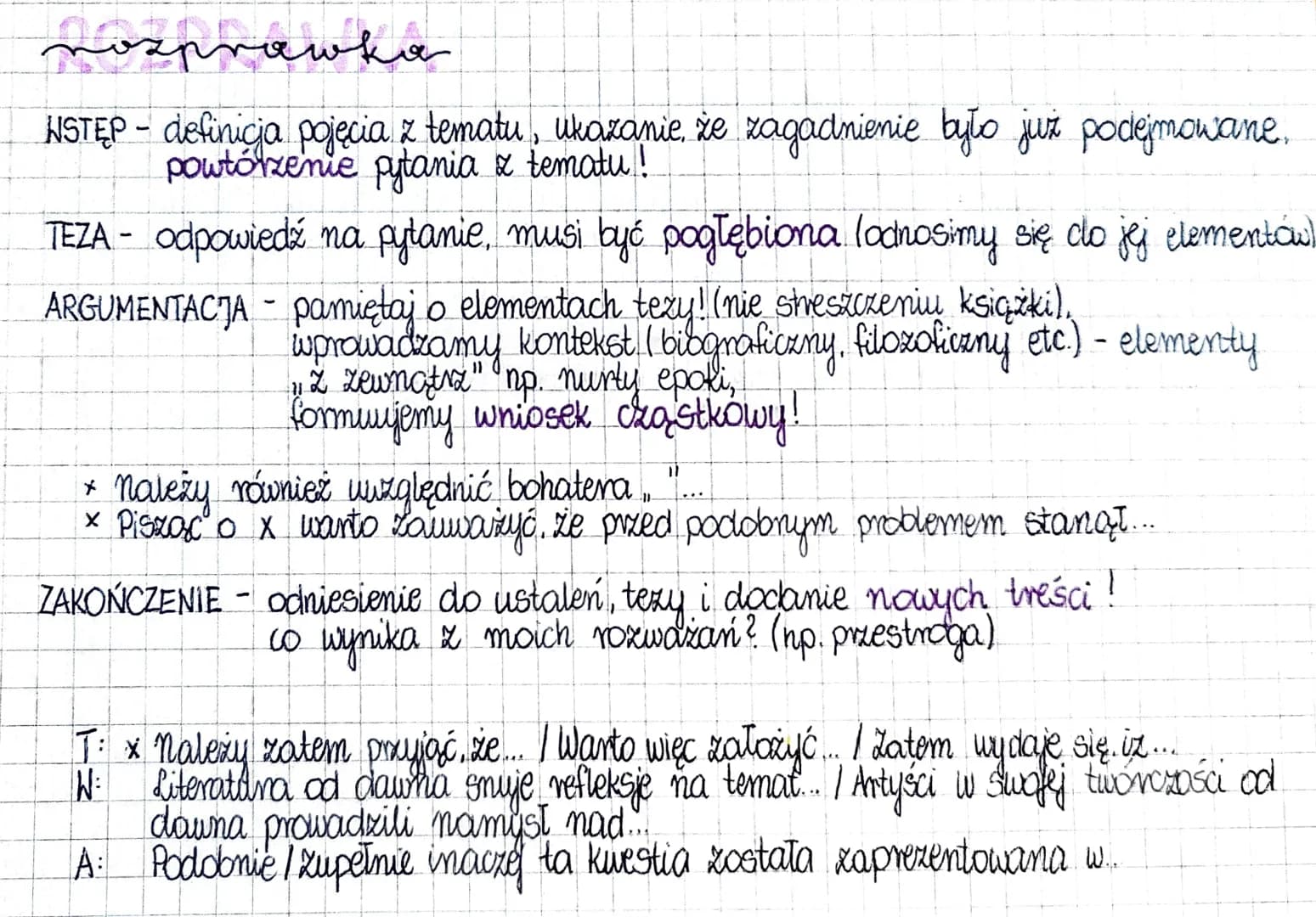 nosprawka
WSTĘP - definicja pojęcia z tematu, ukazanie, że zagadnienie było już podejmowane,
powtórzenie pytania & tematu!
ARGUMENTACJA-
TEZ
