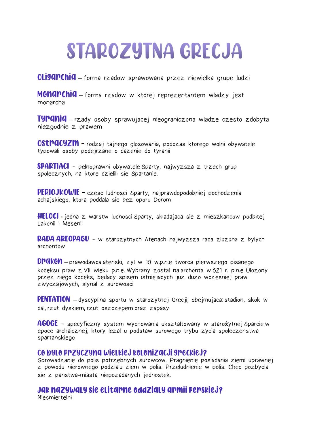 STAROZYTNA GRECJA
Oligarchia forma rzadow sprawowana przez niewielka grupe ludzi
Monarchia - forma rzadow w ktorej reprezentantem wladzy jes