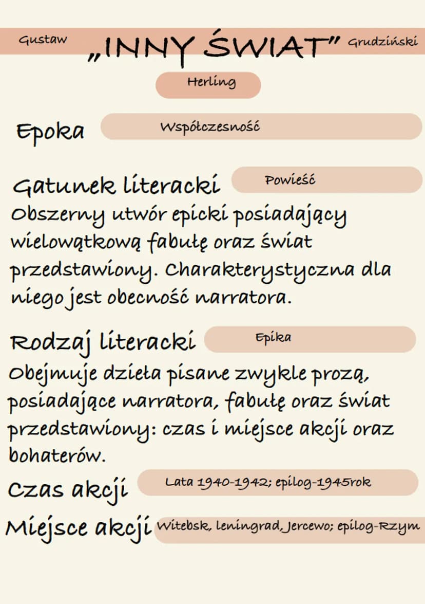 „Inny świat"
opracowanie lektury Gustaw
„INNY ŚWIAT” Grudziński
Herling
współczesność
Epoka
Powieść
Gatunek literacki
obszerny utwór epicki 