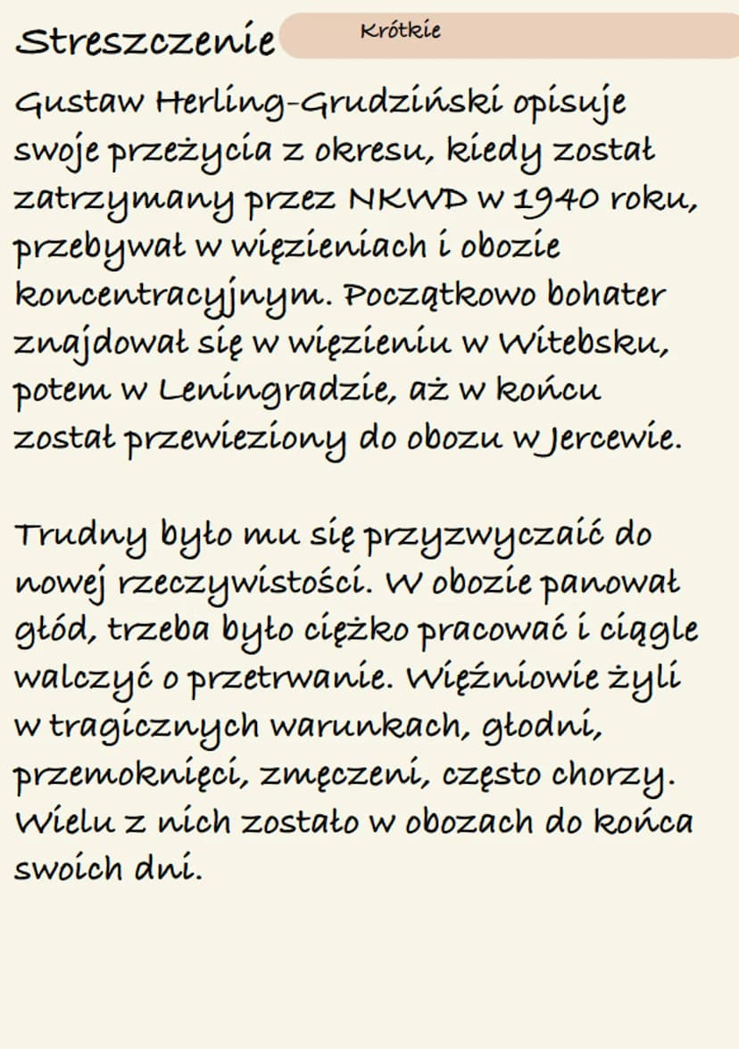 „Inny świat"
opracowanie lektury Gustaw
„INNY ŚWIAT” Grudziński
Herling
współczesność
Epoka
Powieść
Gatunek literacki
obszerny utwór epicki 