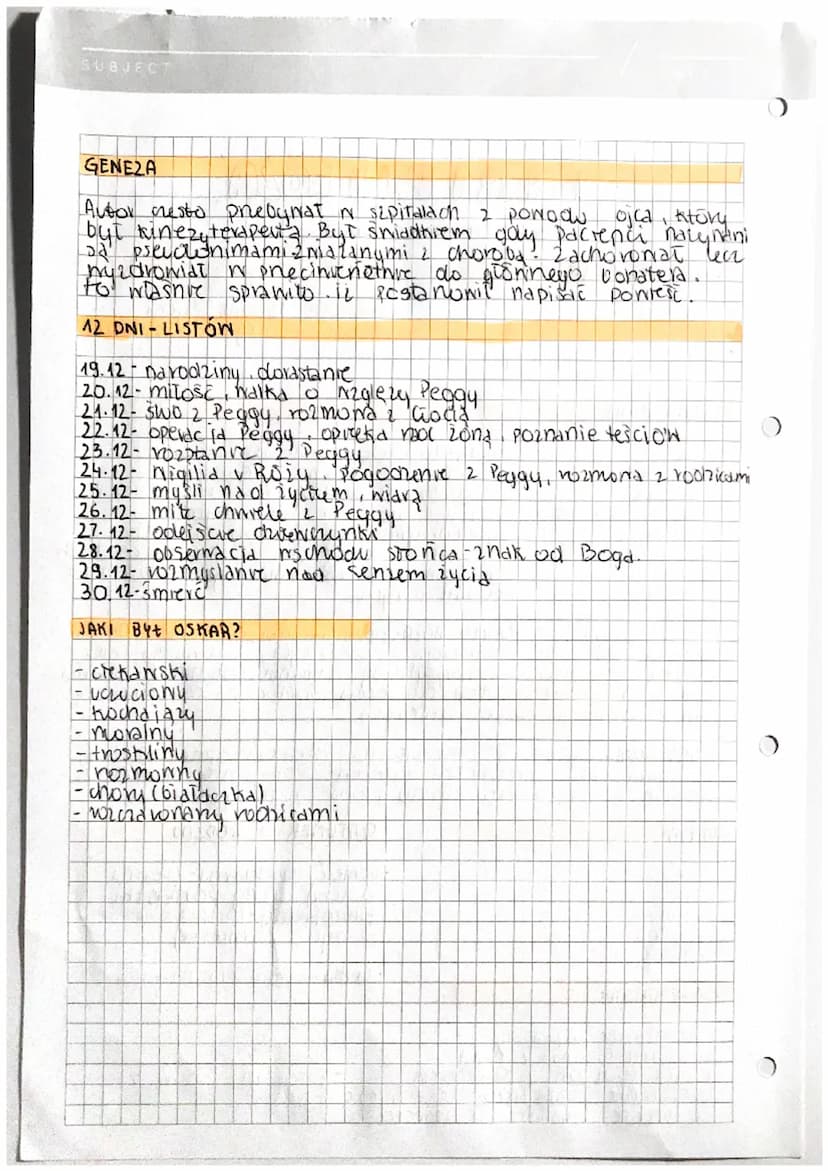 >
SUBJECT.
OSKAR I PANI
PANI RÓŻA
ERIC
CZAS MIEJSCE (48-30.12)
•
grudzień czas swiat
Szpital, dom Pani Roży
miejsce spaceru
BOHATEROWIE
- EM