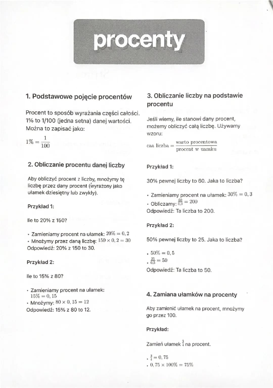 procenty
1. Podstawowe pojęcie procentów
Procent to sposób wyrażania części całości.
1% to 1/100 (jedna setna) danej wartości.
Można to zapi