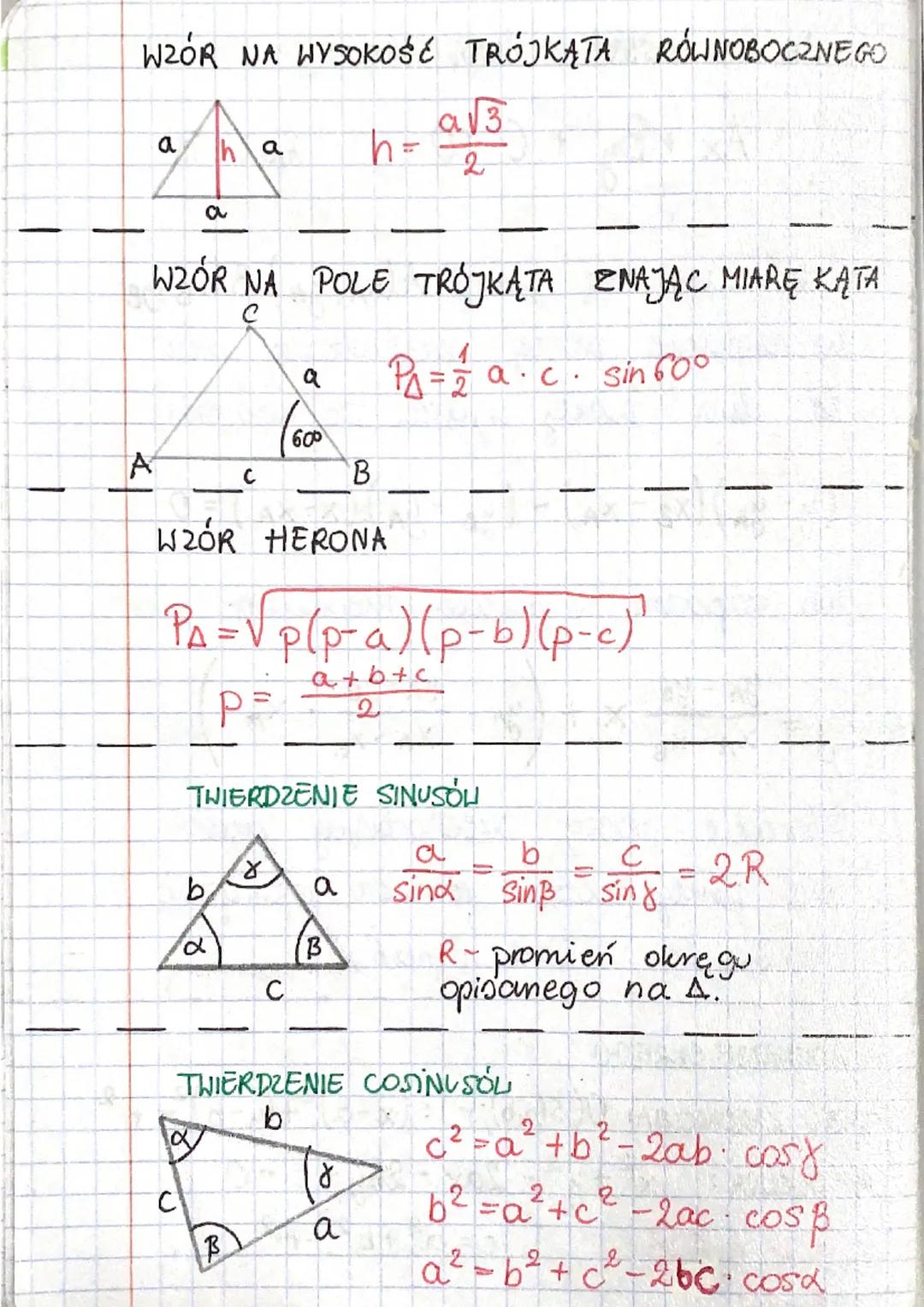 WZÓR NA WYSOKOŚĆ TRÓJKĄTA RÓWNOBOCZNEGO
h =
a√3
2
a
WZÓR NA POLE TRÓJKĄTA ZNAJĄC MIARĘ KĄTA
с
с
ha
b
B
WZÓR HERONA
PA = √p(p-a) (p-b) (p-c)
