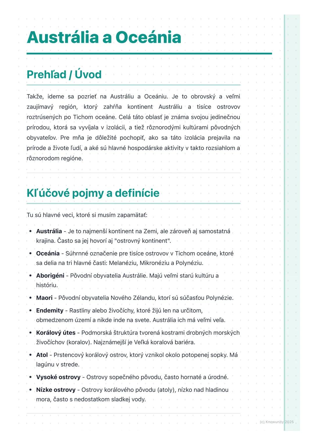 # Austrália a Oceánia

## Prehľad / Úvod

Takže, ideme sa pozrieť na Austráliu a Oceániu. Je to obrovský a veľmi
zaujímavý región, ktorý zah