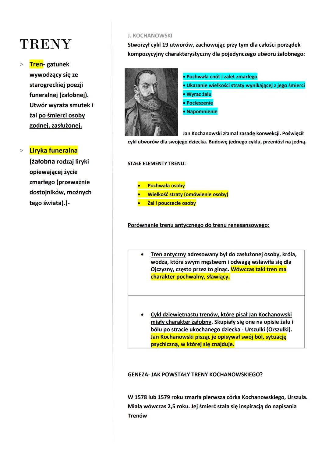 TRENY
> Tren- gatunek
wywodzący się ze
starogreckiej poezji
funeralnej (żałobnej).
Utwór wyraża smutek i
żal po śmierci osoby
godnej, zasłuż