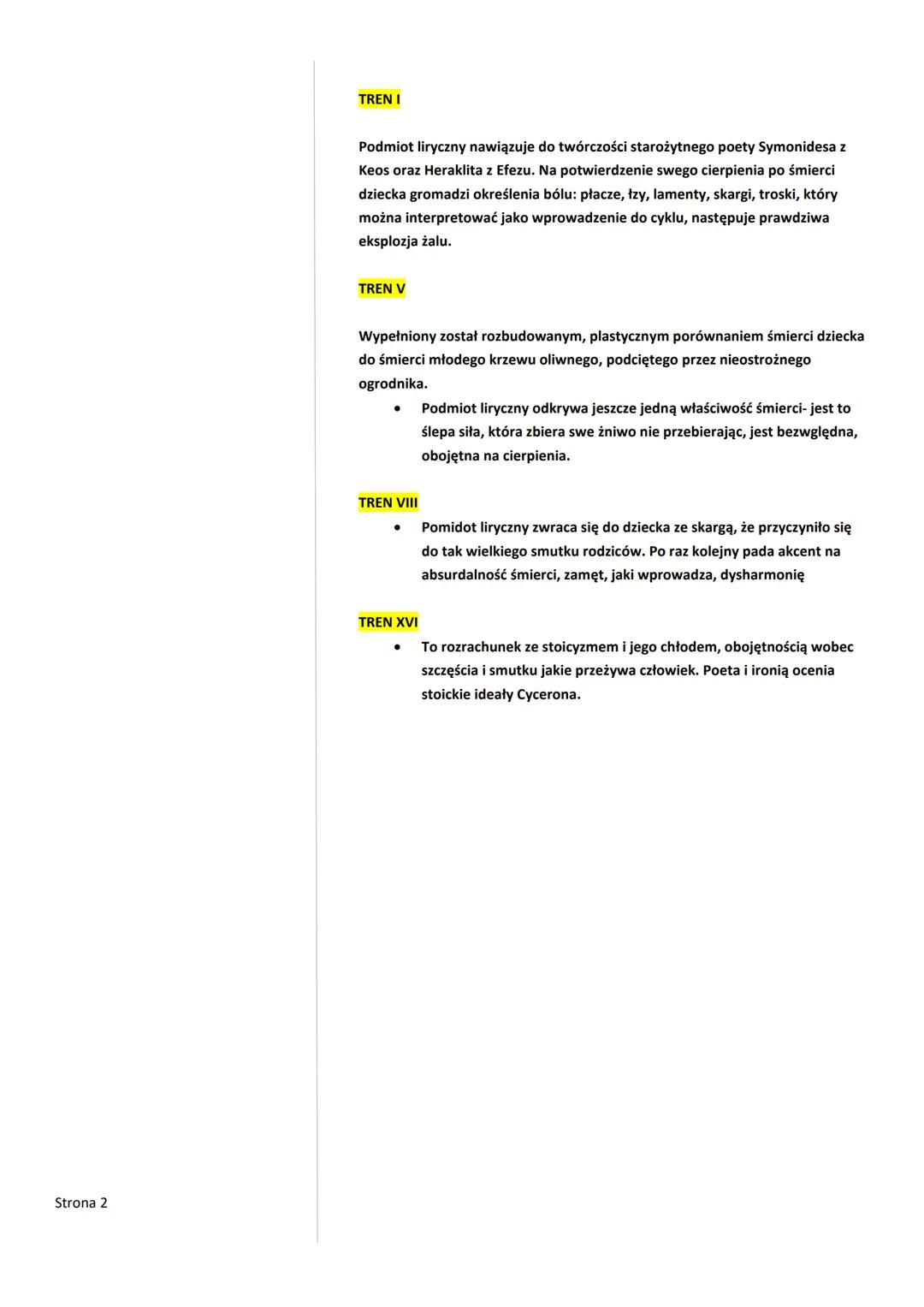 TRENY
> Tren- gatunek
wywodzący się ze
starogreckiej poezji
funeralnej (żałobnej).
Utwór wyraża smutek i
żal po śmierci osoby
godnej, zasłuż