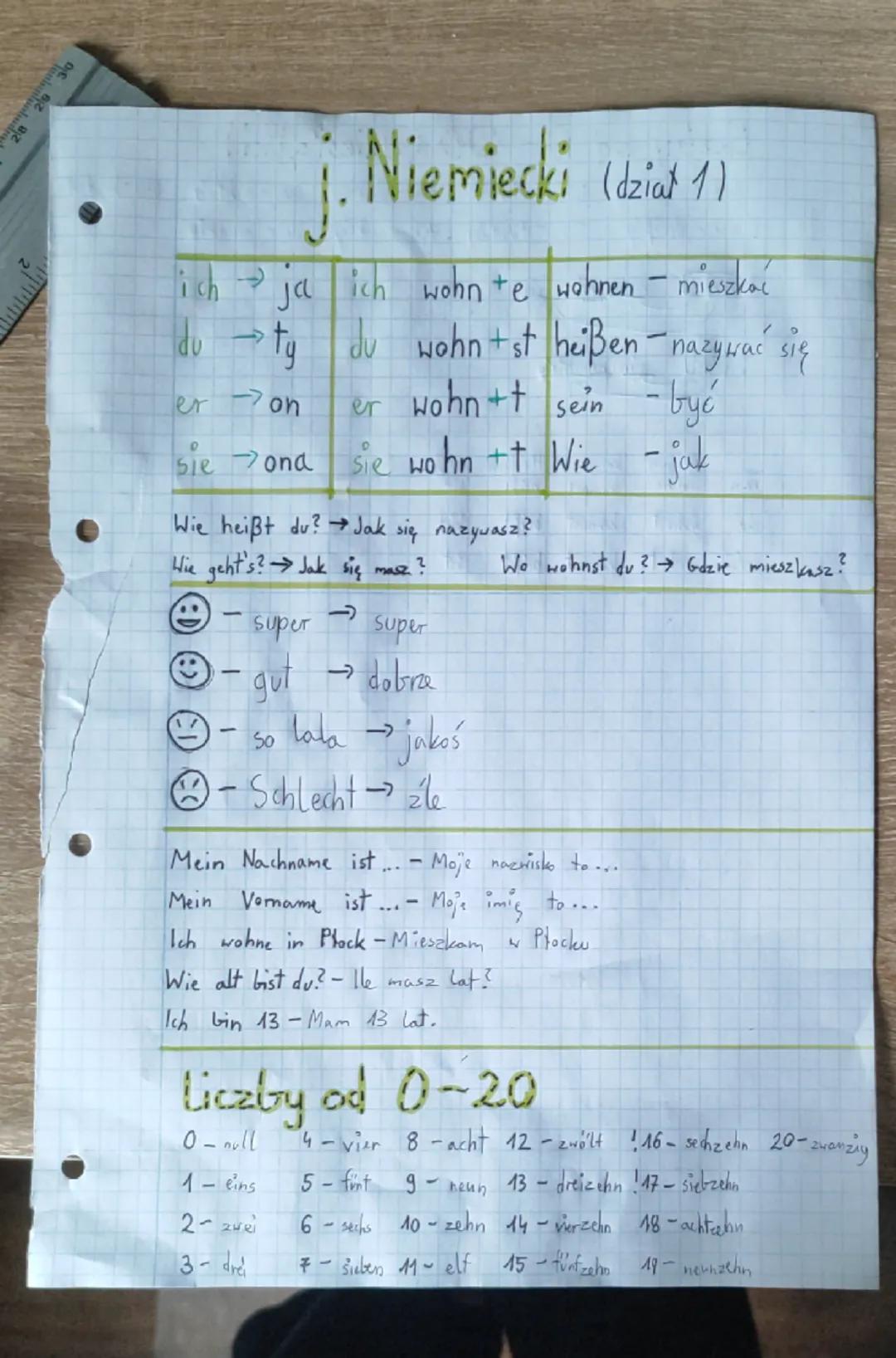 j. Niemiecki (dzial 1)

ich $\rightarrow$ ja ich wohn+e wohnen - mieszkać
du$\rightarrow$ty du wohn+st heißen-nazywać się
er$\rightarrow$on 