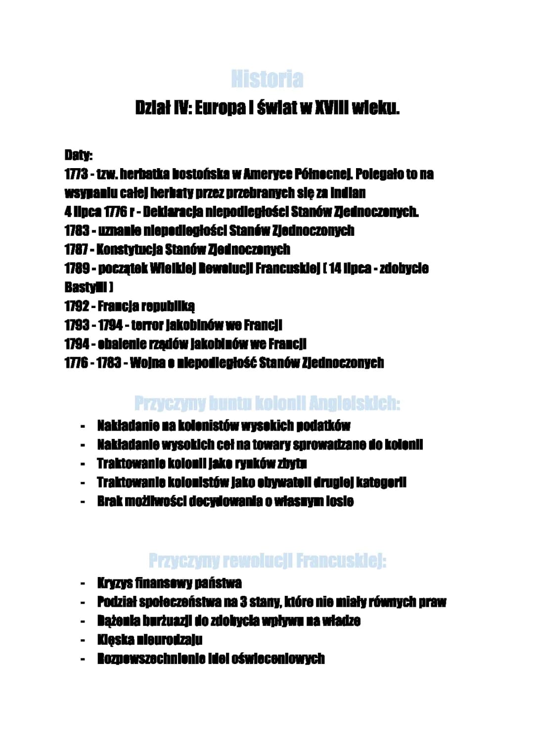 Powtórzenie z Działu Europa i Świat w XVIII wieku