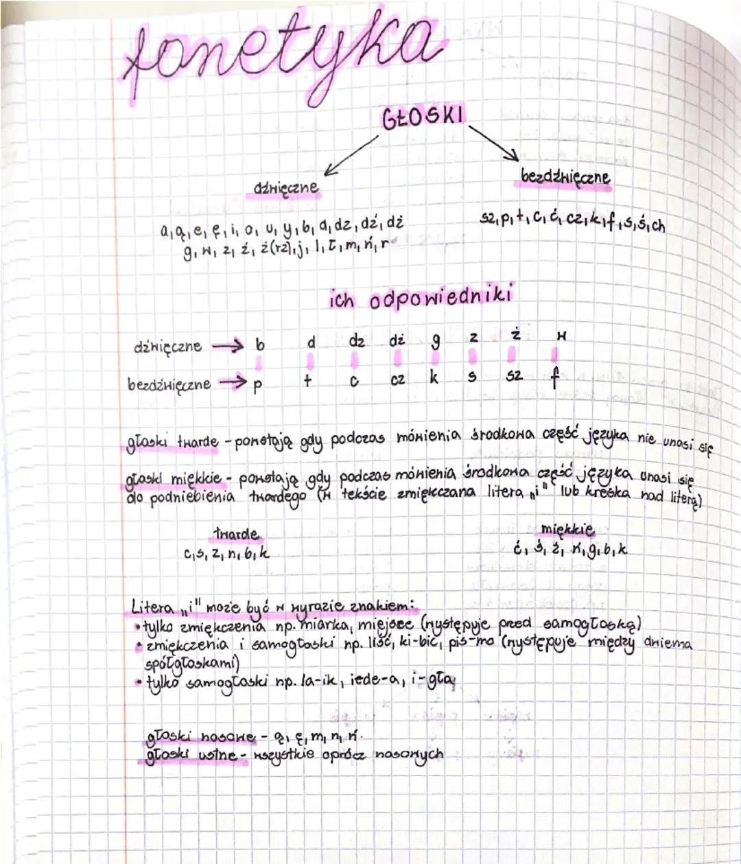fonetyka
dźwięczne
GŁOSKI
bezdźwięczne
są, p, t, ć, c, cz, k, f, s, ś, ch
a, ą, e, ę, i, i, o, u, y, b, d, dz, dź, dż
g, j, ł, m, n, ń, r, l