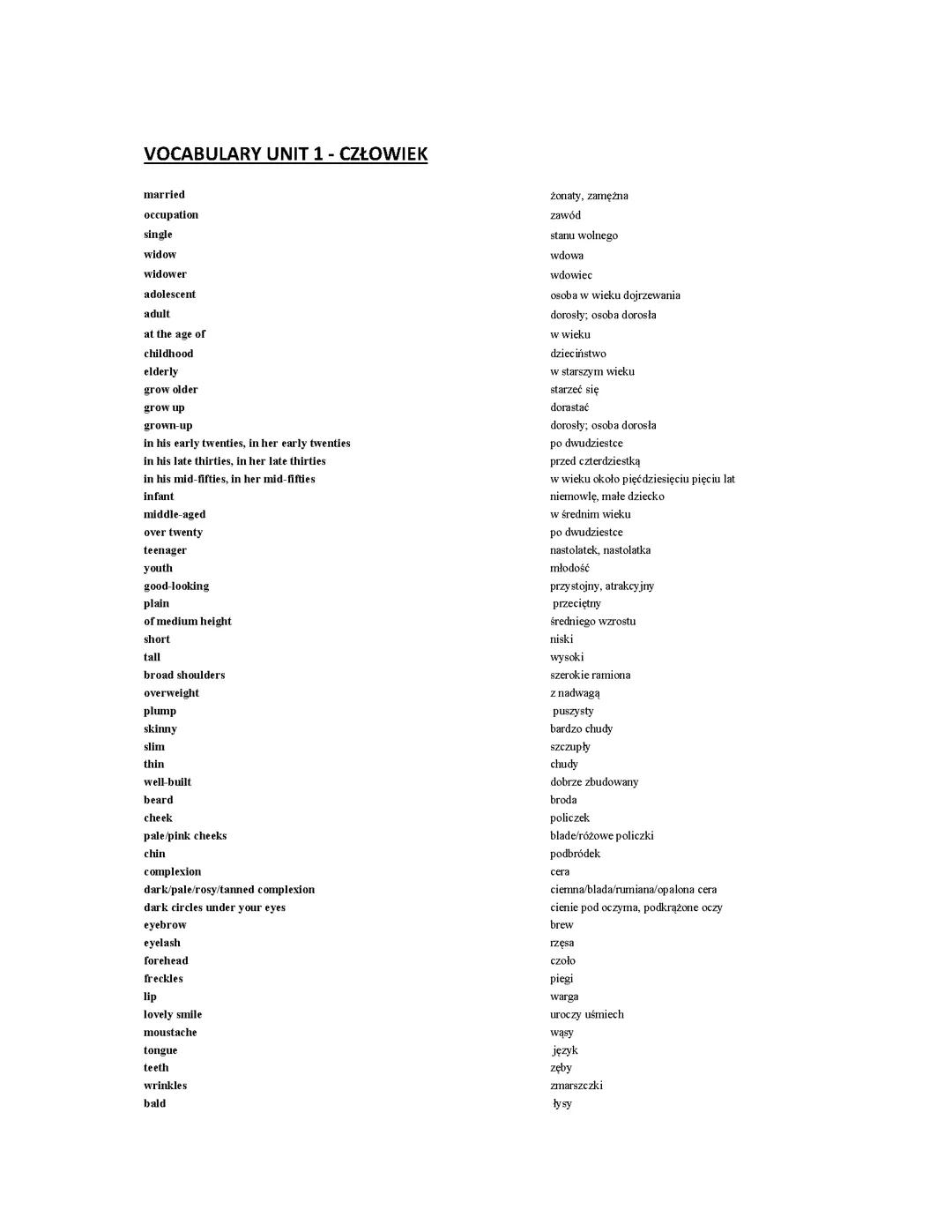 Słownictwo dla maturzysty - Tematyka: Człowiek